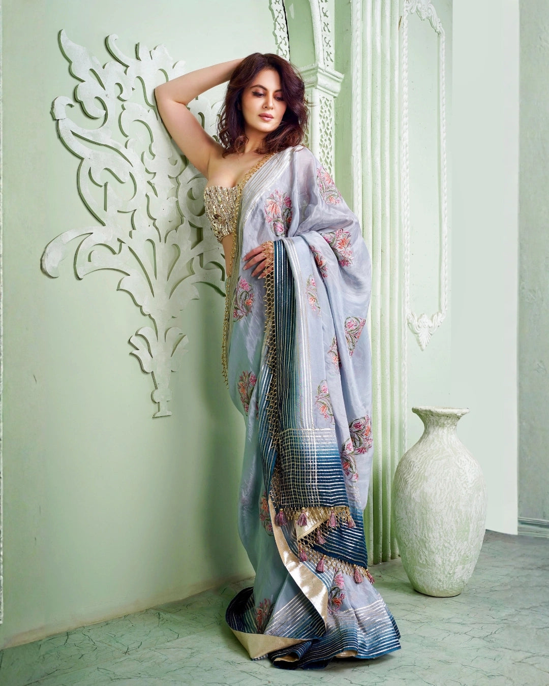 Blue Bell Pure Tissue Silk Saree with Thread Embroidery and Ornate Floral Design