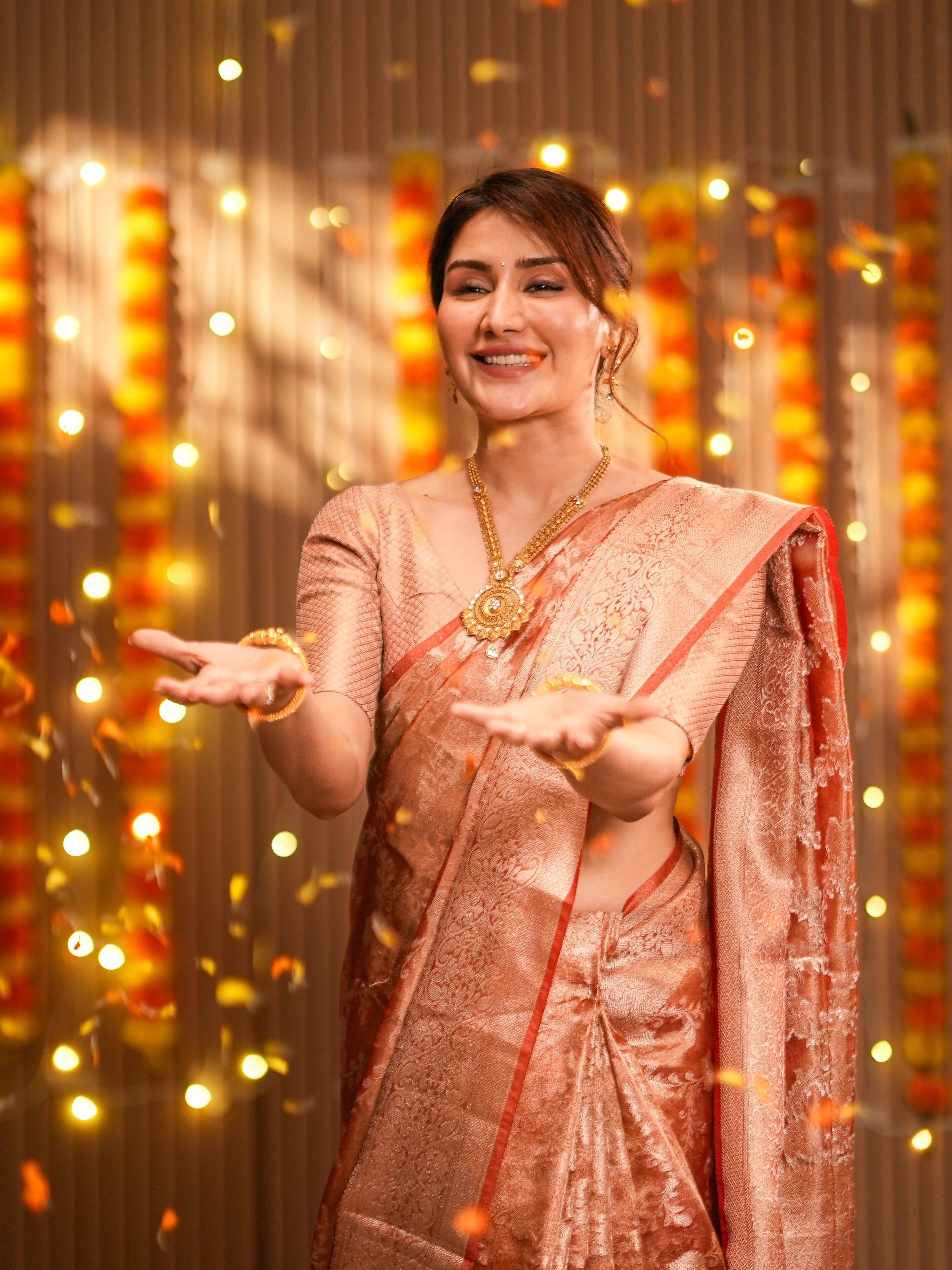 Orange Banarasi Silk Saree with Pure Gold Zari Floral Weaving and Matching Checked Blouse