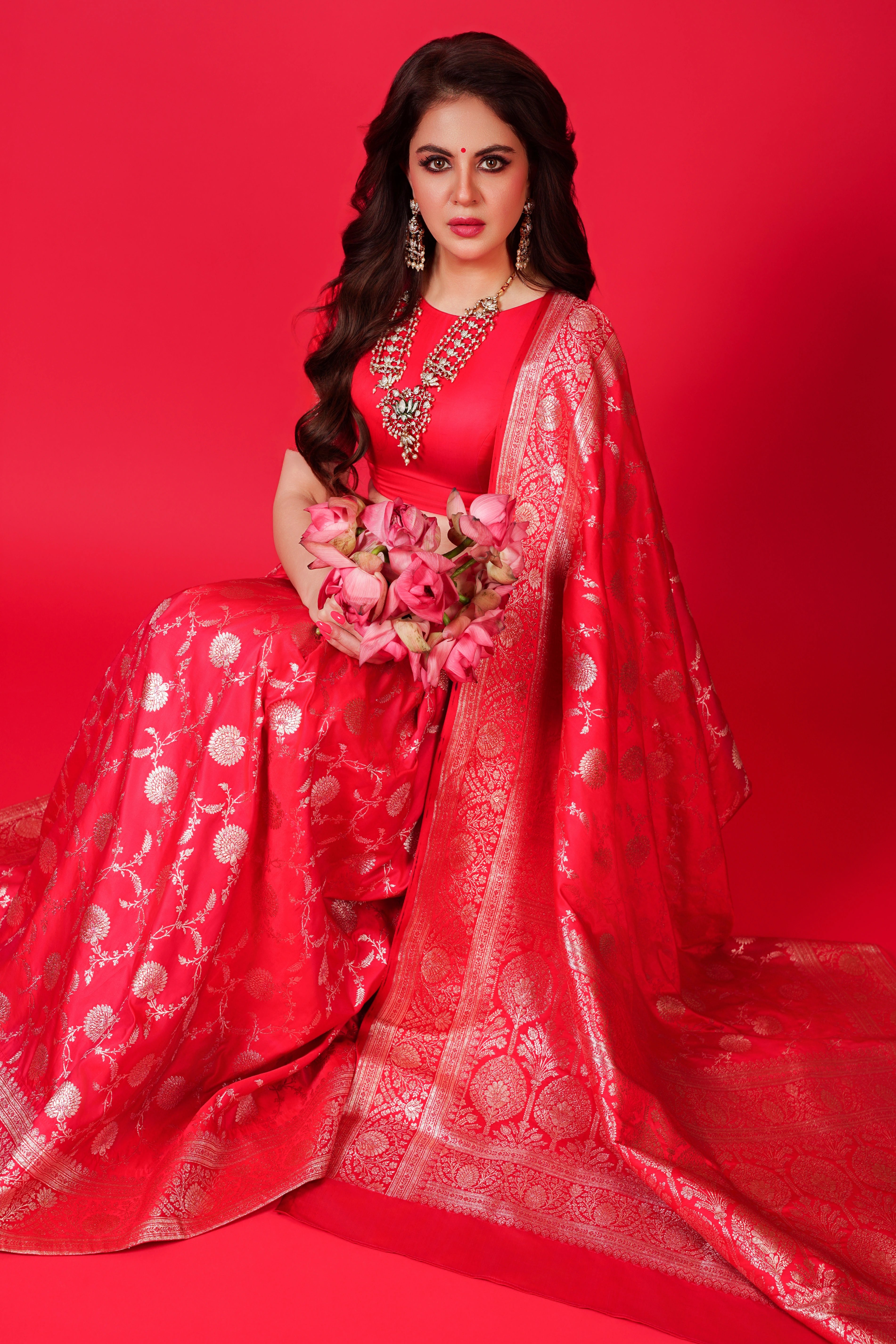 Red Pure Banarasi Silk Saree with All-Over Intricate Hand Embroidery Silver Zari Work and Matching Blouse