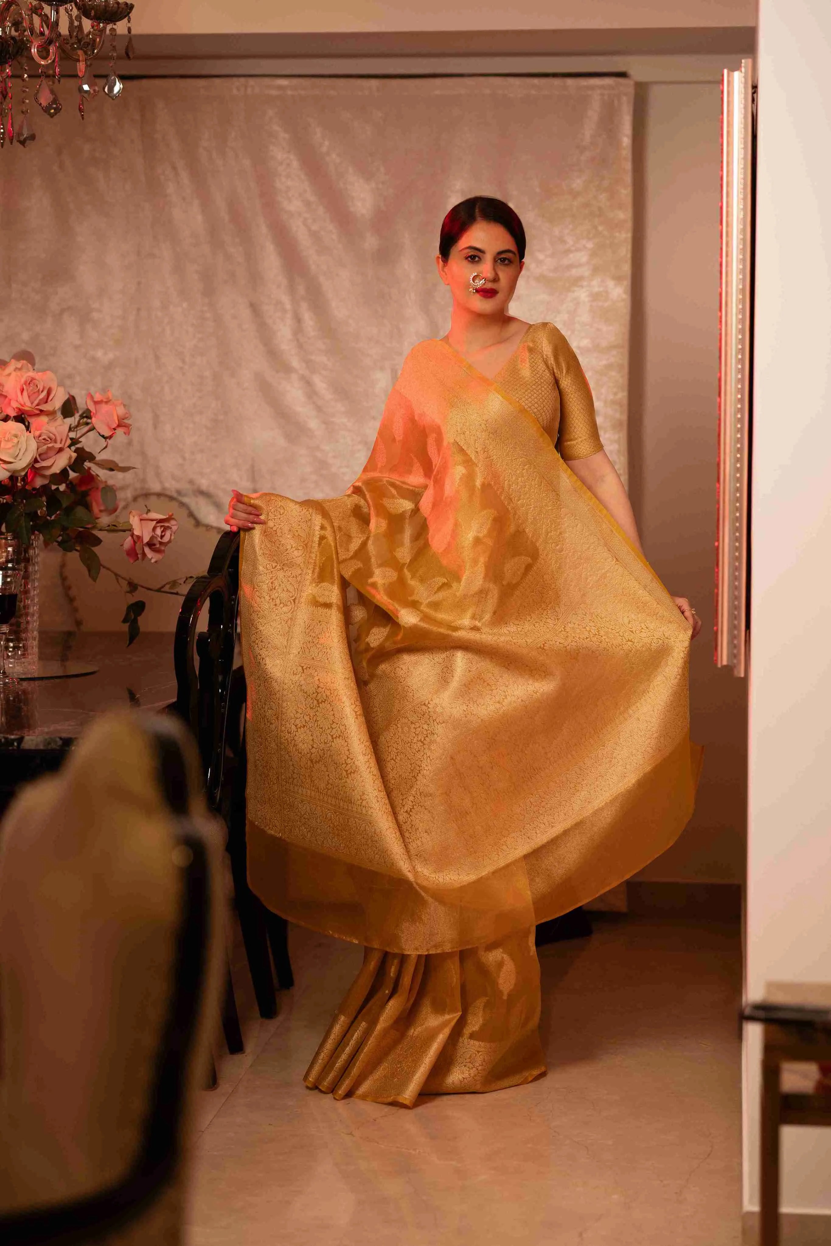 Yellow Banarasi Silk Saree with Pure Gold Zari Leaf Design and Matching Checked Blouse