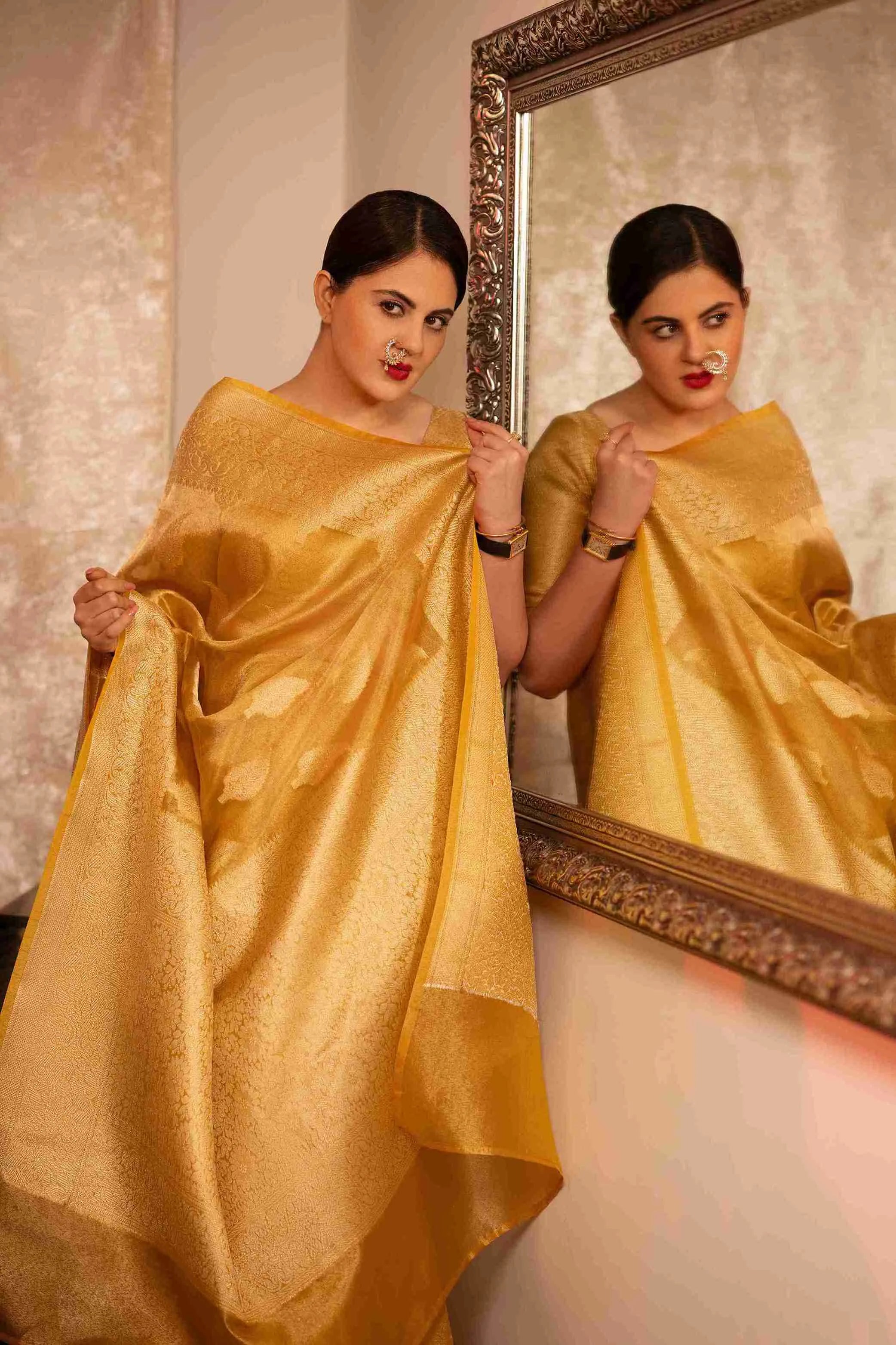 Yellow Banarasi Silk Saree with Pure Gold Zari Leaf Design and Matching Checked Blouse