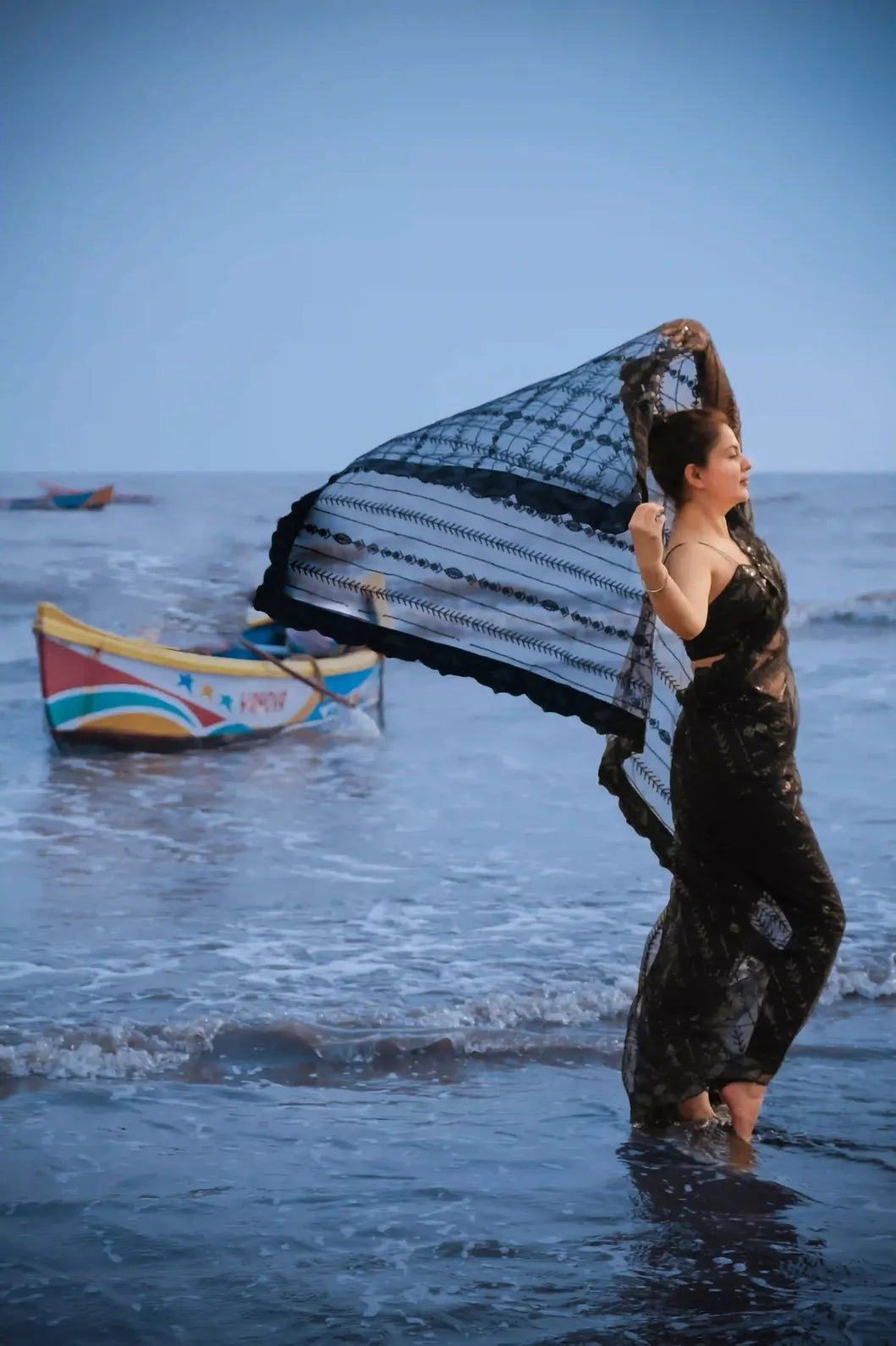 Black Net Saree with All Over Sequin Embroidery Work and Matching Sequin Blouse