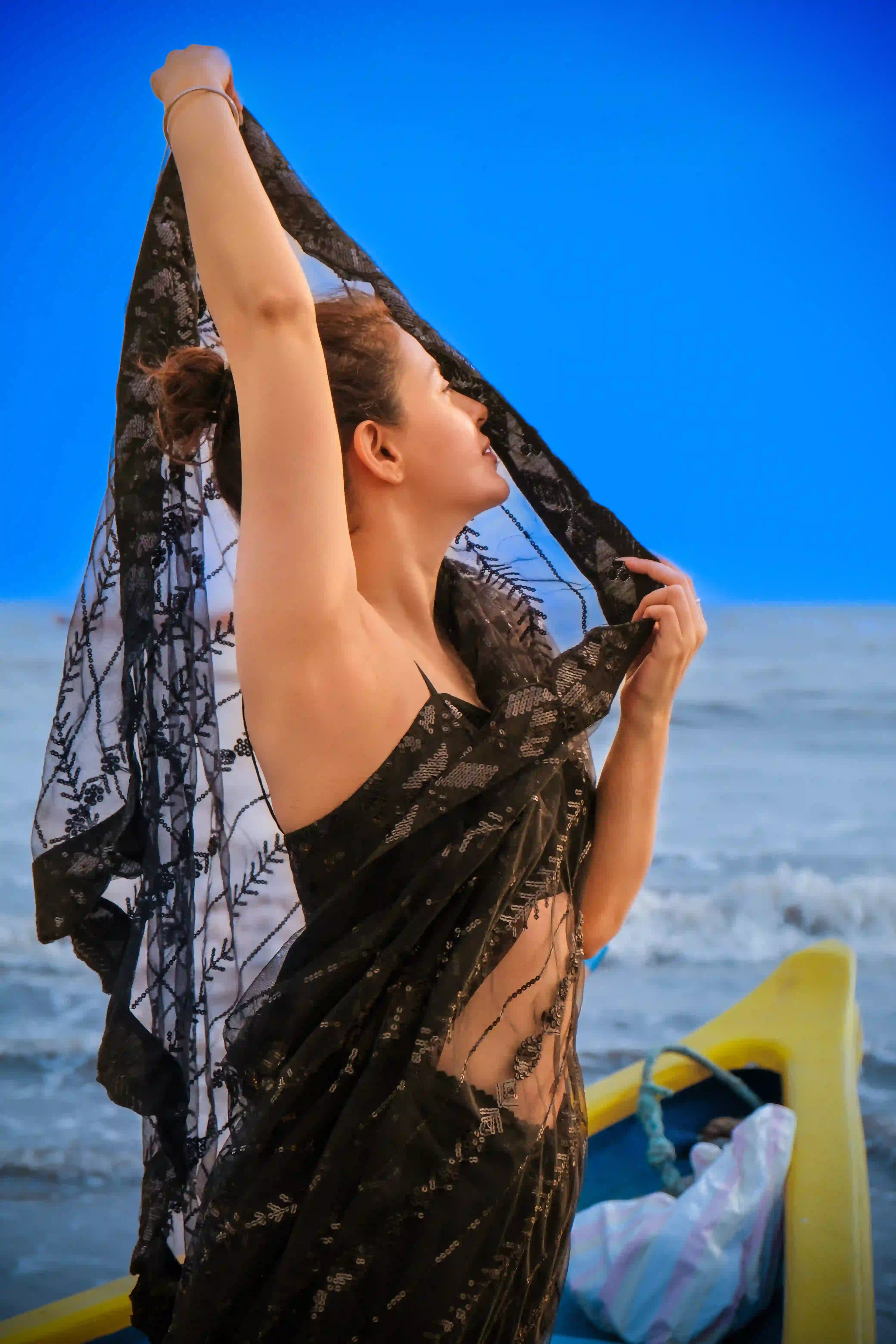 Black Net Saree with All Over Sequin Embroidery Work and Matching Sequin Blouse