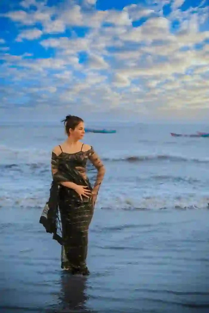 Black Net Saree with All Over Sequin Embroidery Work and Matching Sequin Blouse