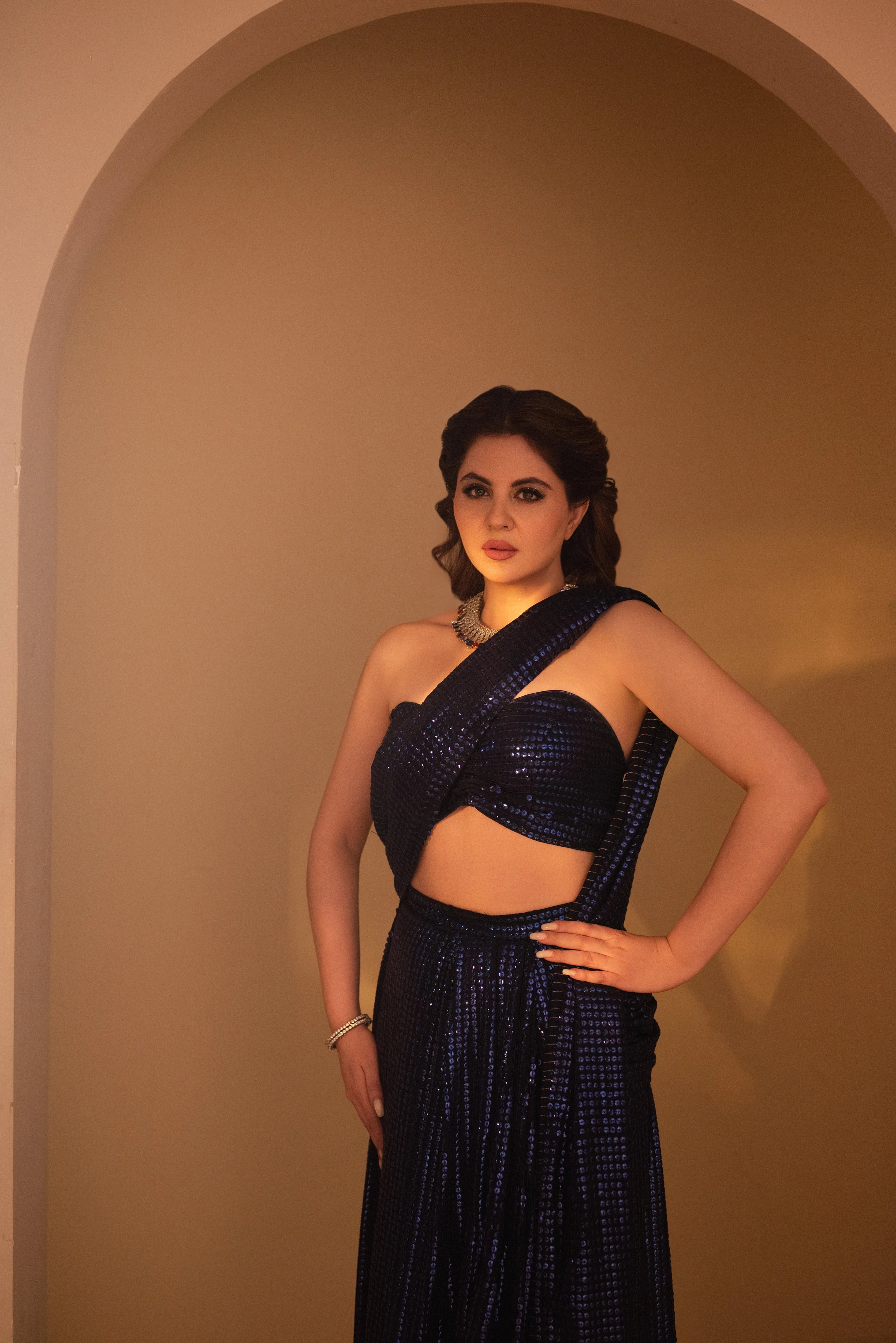 Royal Blue Georgette Saree with All-Over Gold Sequin Work and Matching Blouse