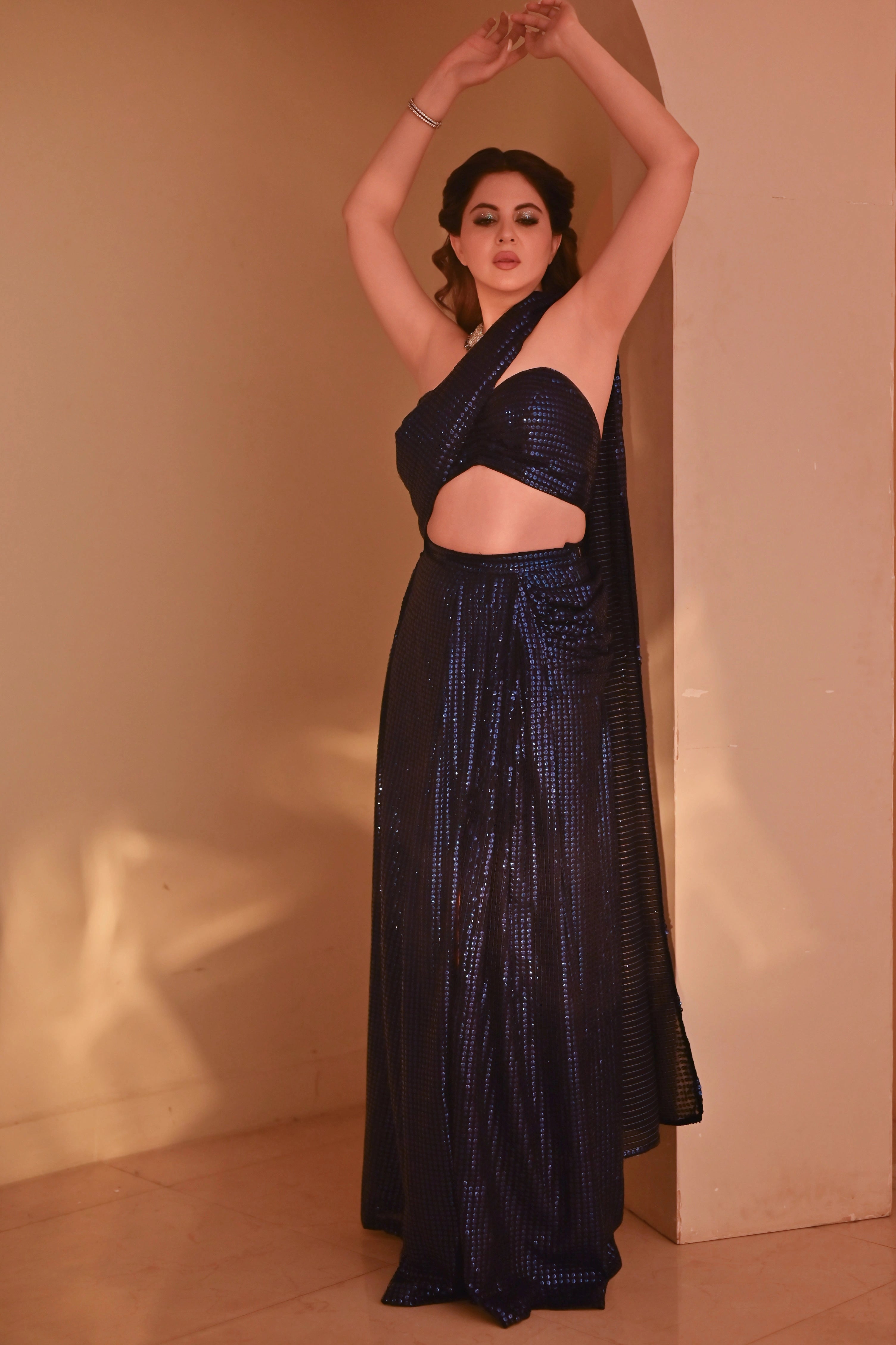 Royal Blue Georgette Saree with All-Over Gold Sequin Work and Matching Blouse