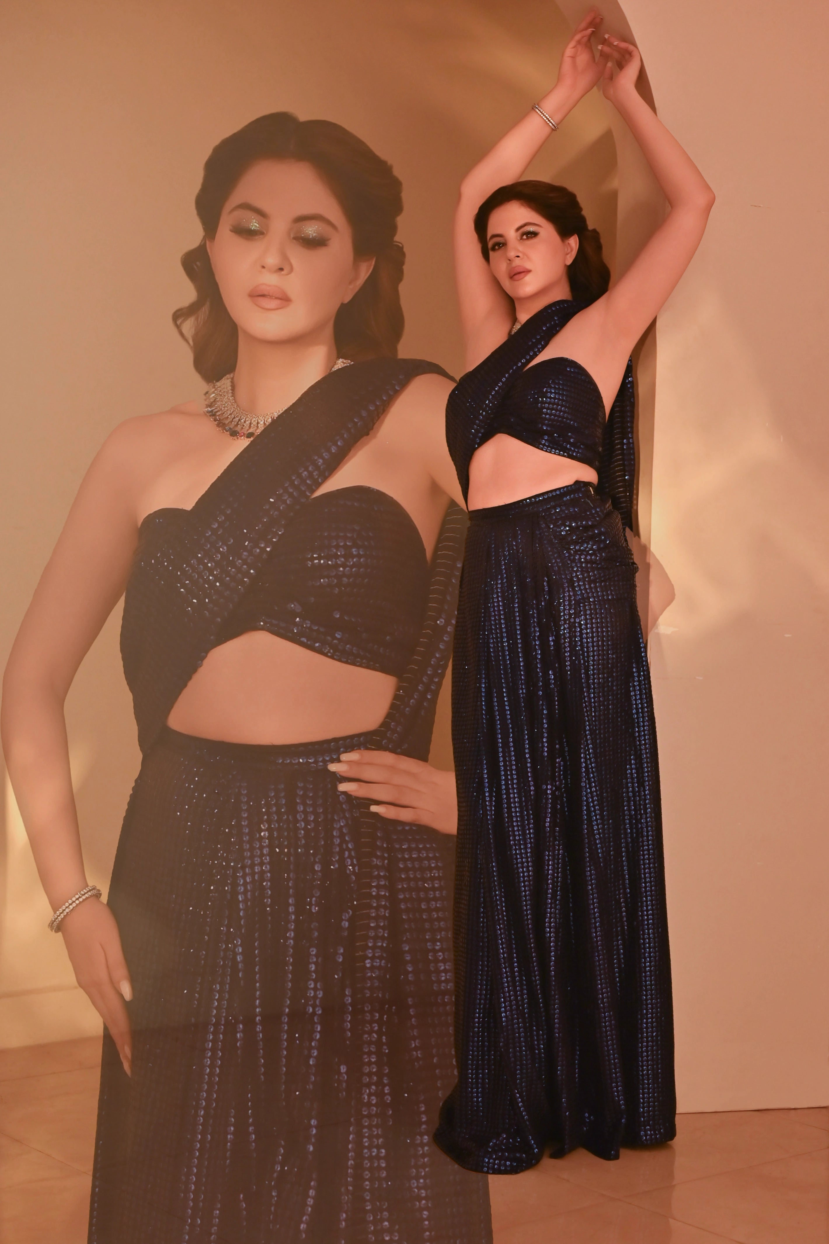 Royal Blue Georgette Saree with All-Over Gold Sequin Work and Matching Blouse