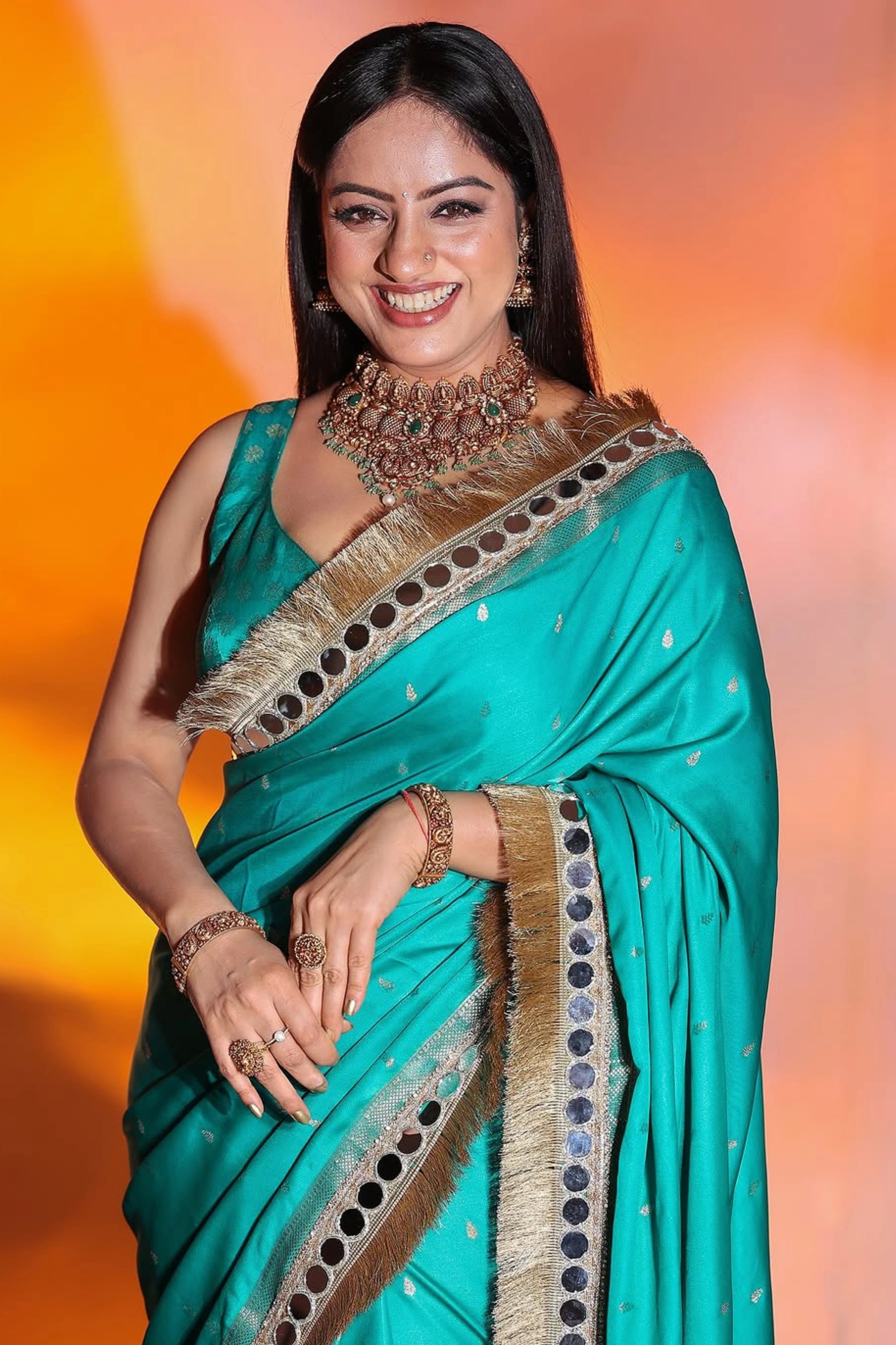 Blue Banarasi Silk Saree with Gold Zari Mirror Work Border and Matching Blouse