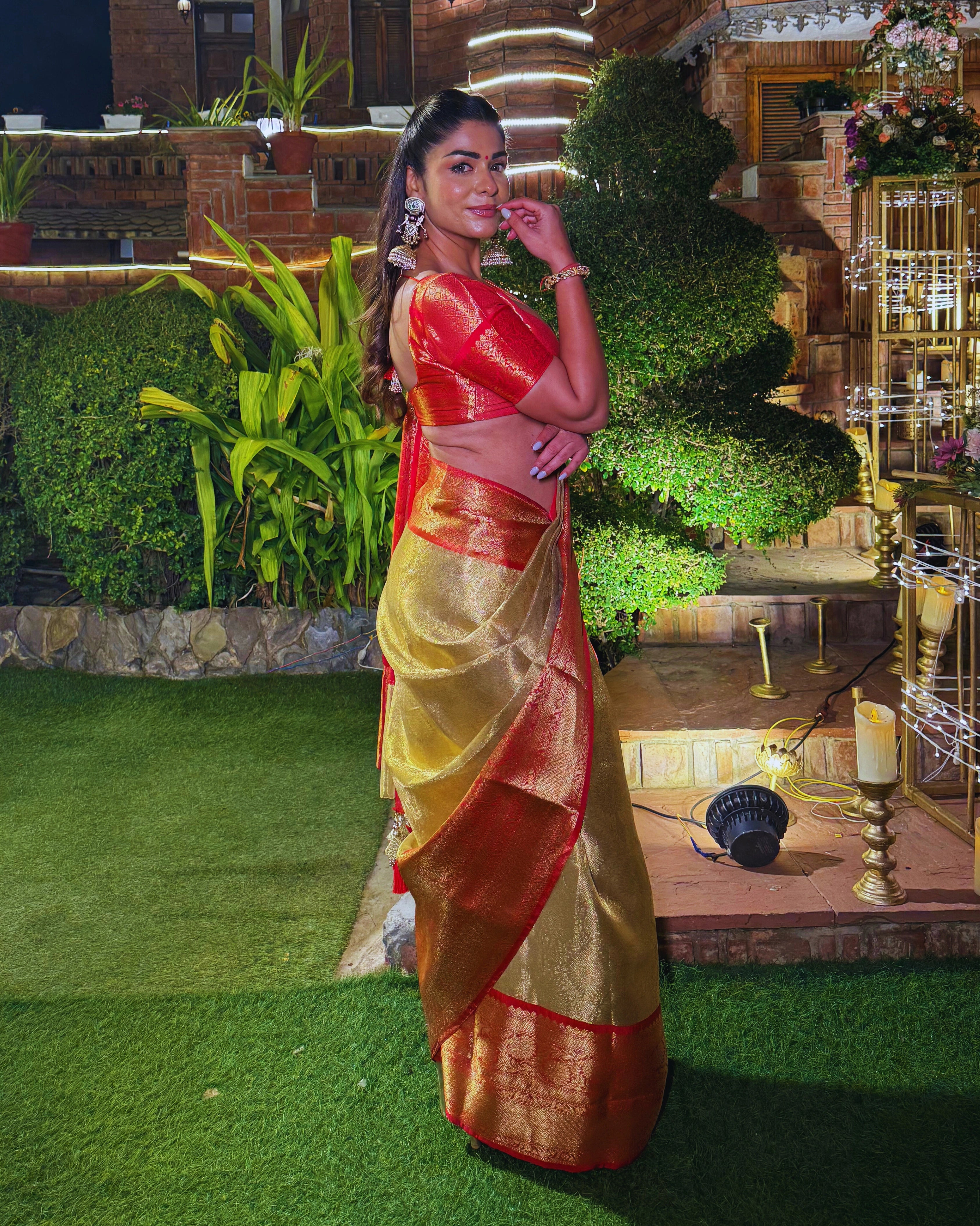 Gold Pure Banarasi Silk Saree with Orange Zari Border and Contrast Orange Blouse