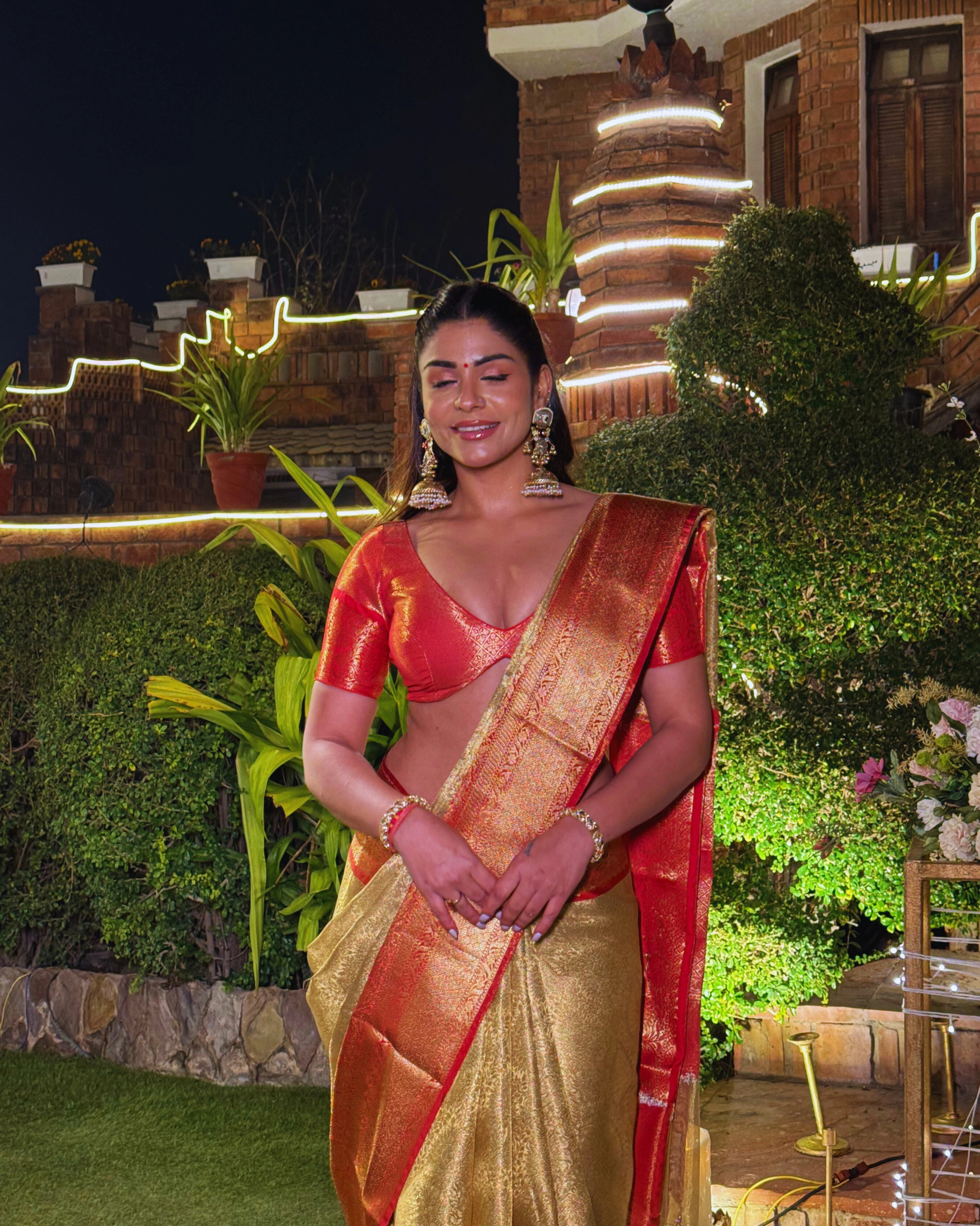 Gold Pure Banarasi Silk Saree with Orange Zari Border and Contrast Orange Blouse