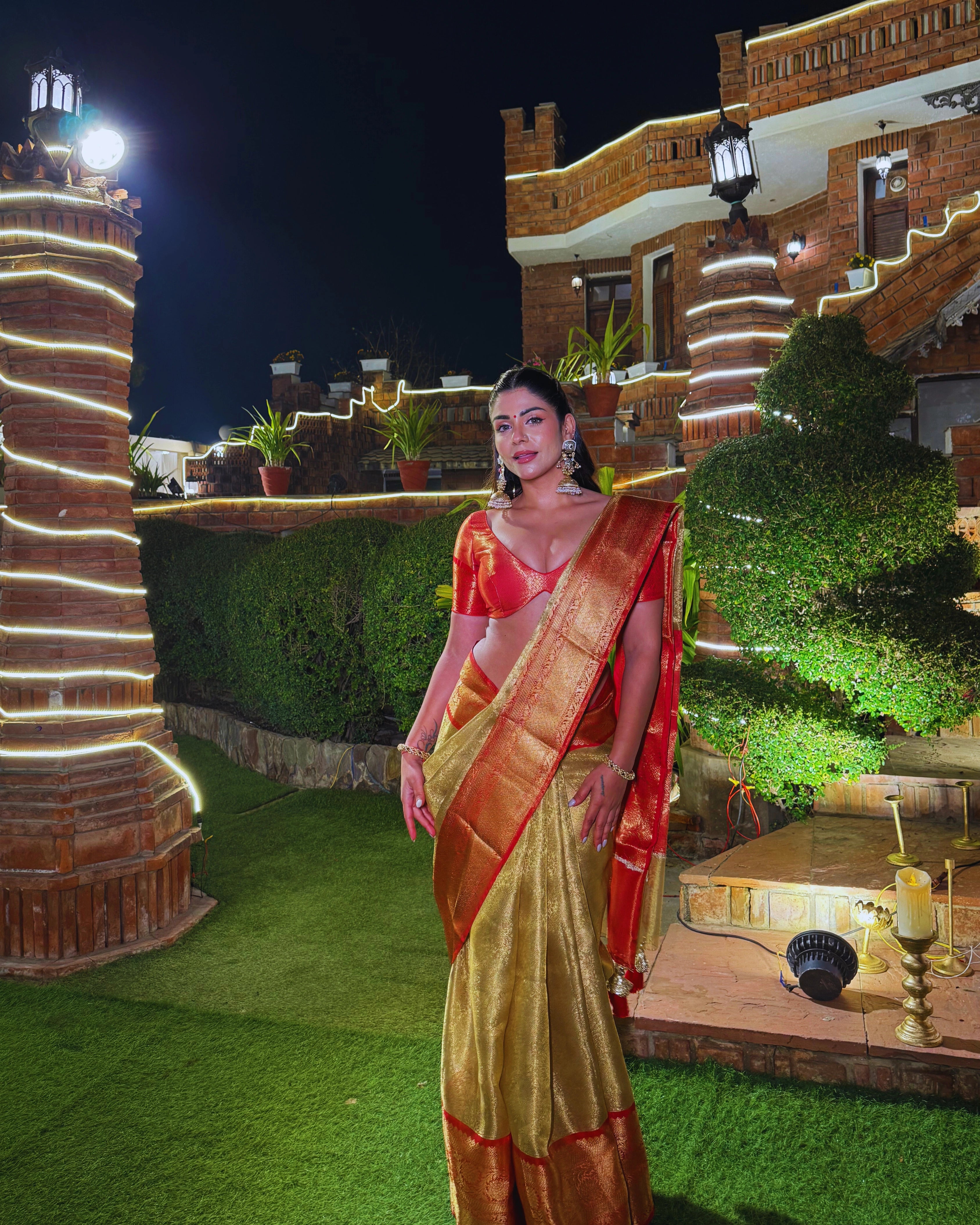 Gold Pure Banarasi Silk Saree with Orange Zari Border and Contrast Orange Blouse