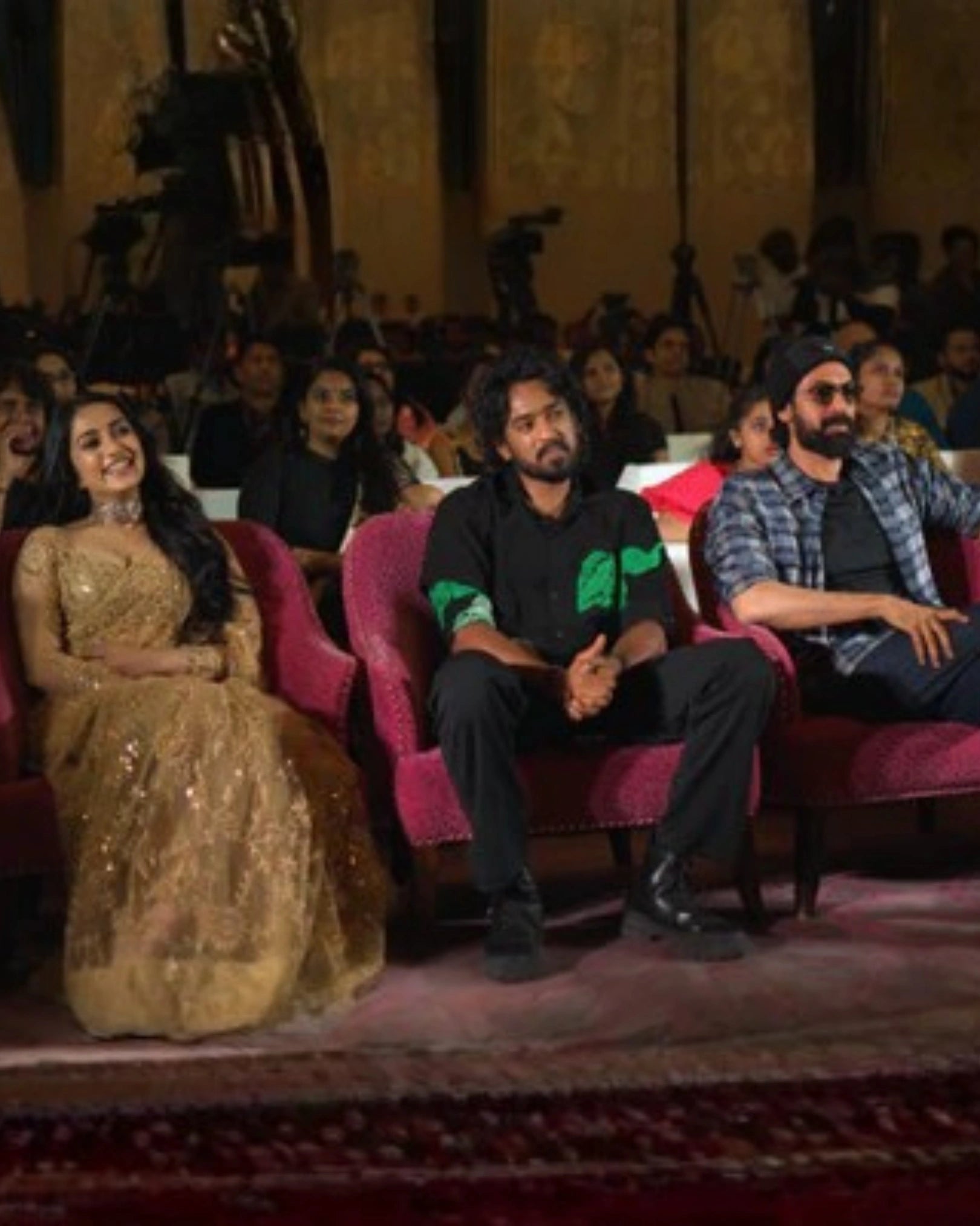 Gold Shimmer Sequin Net Saree with All Over Floral Thread Work and Full Sleeves Silk Blouse