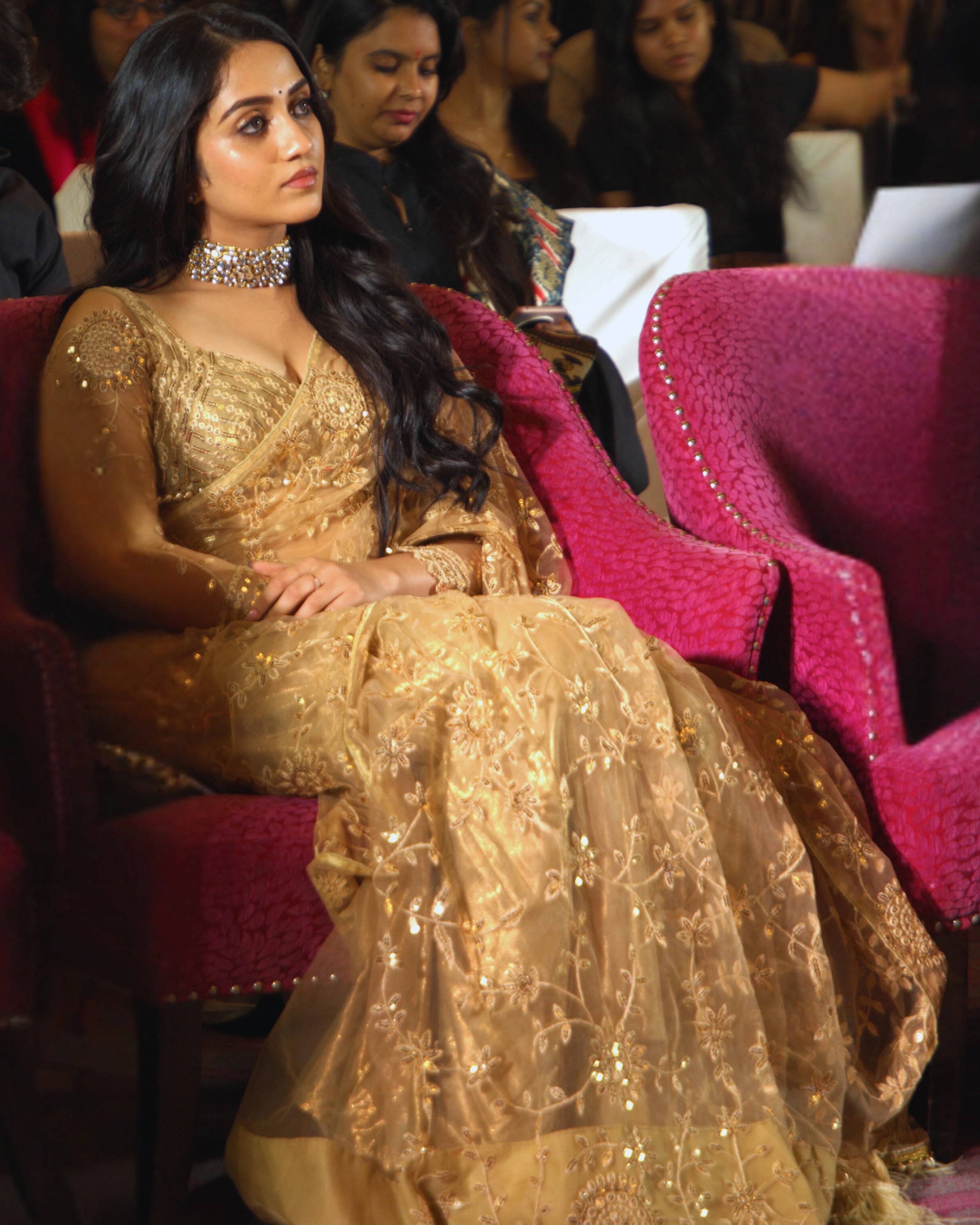 Gold Shimmer Sequin Net Saree with All Over Floral Thread Work and Full Sleeves Silk Blouse