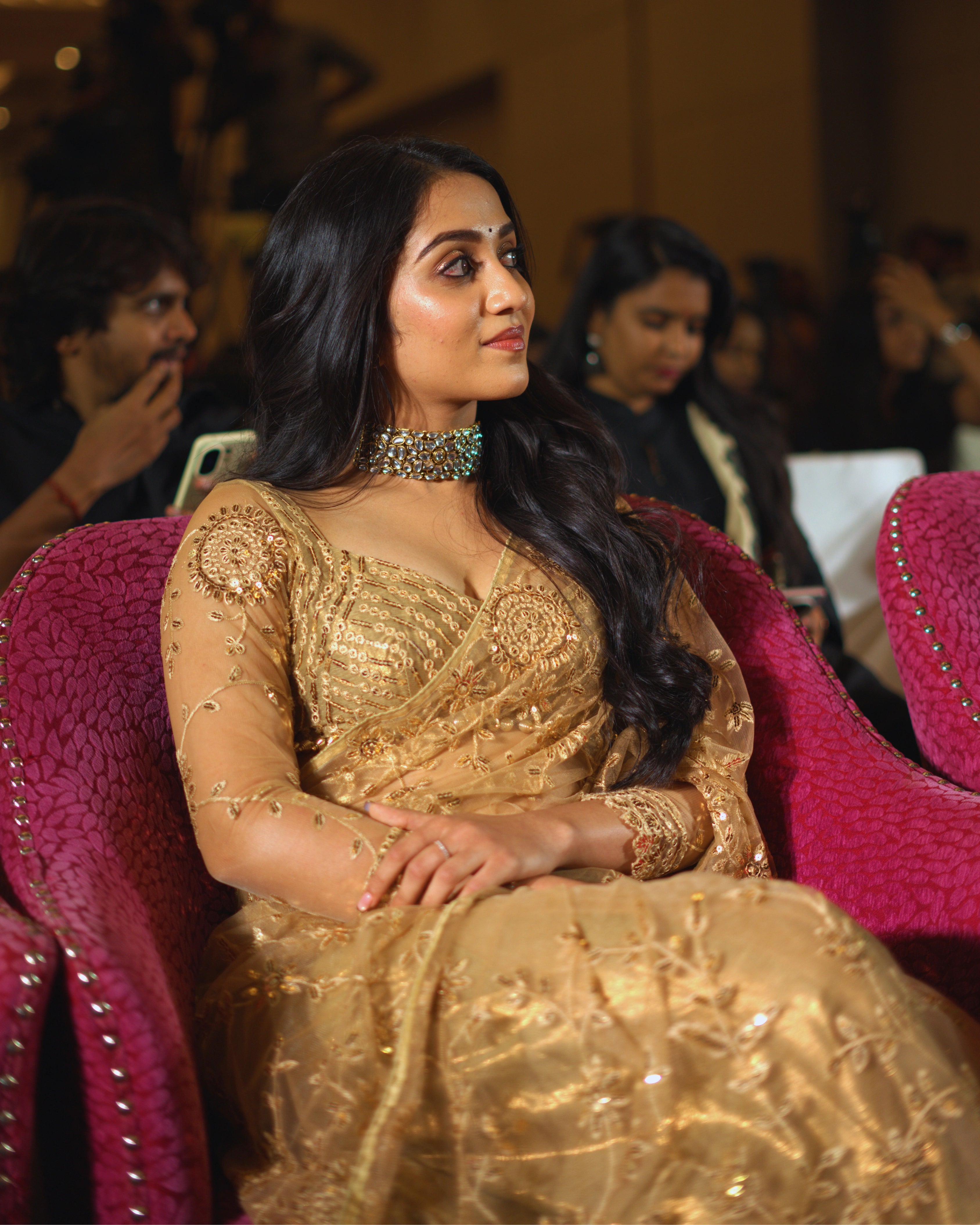 Gold Shimmer Sequin Net Saree with All Over Floral Thread Work and Full Sleeves Silk Blouse