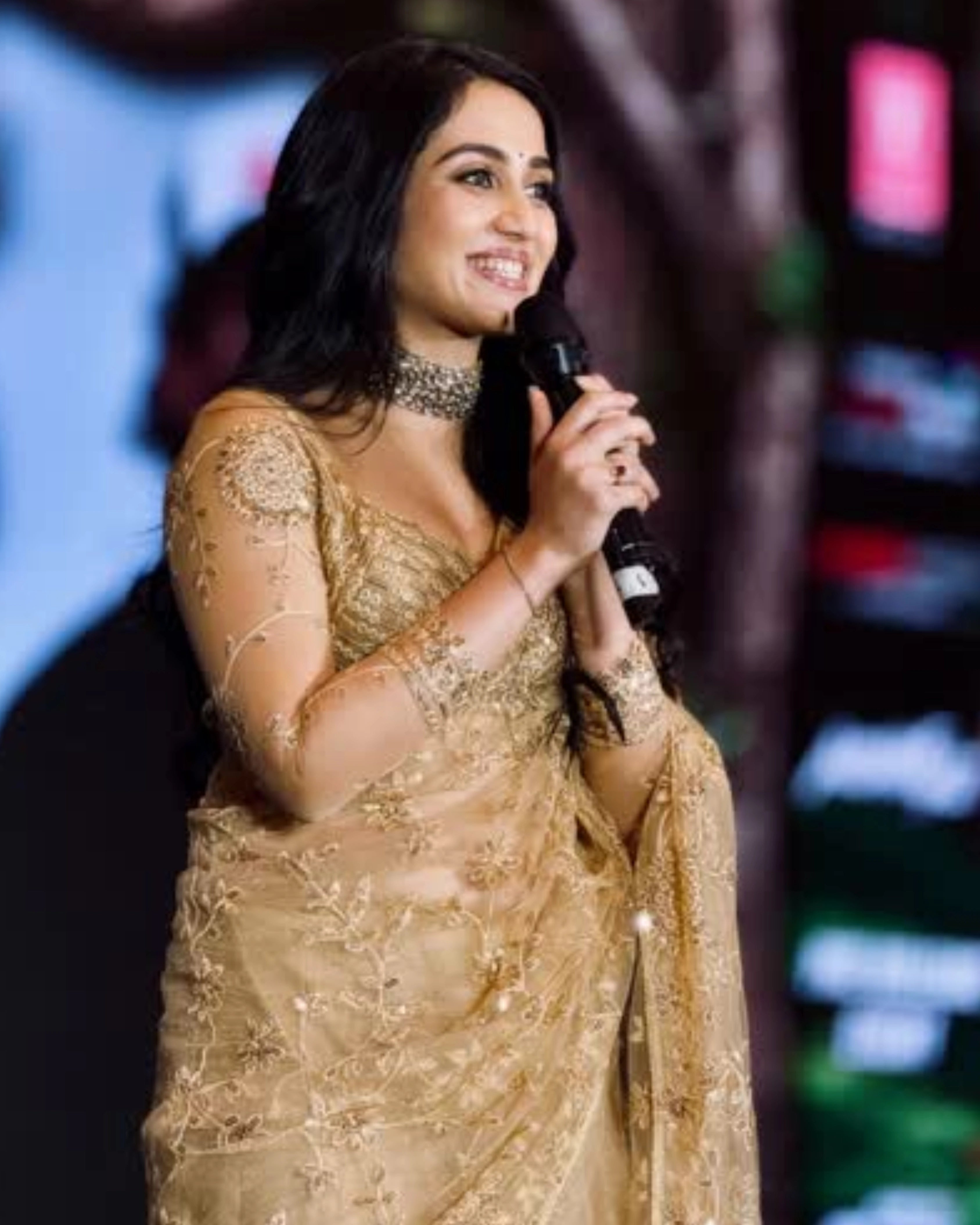 Gold Shimmer Sequin Net Saree with All Over Floral Thread Work and Full Sleeves Silk Blouse