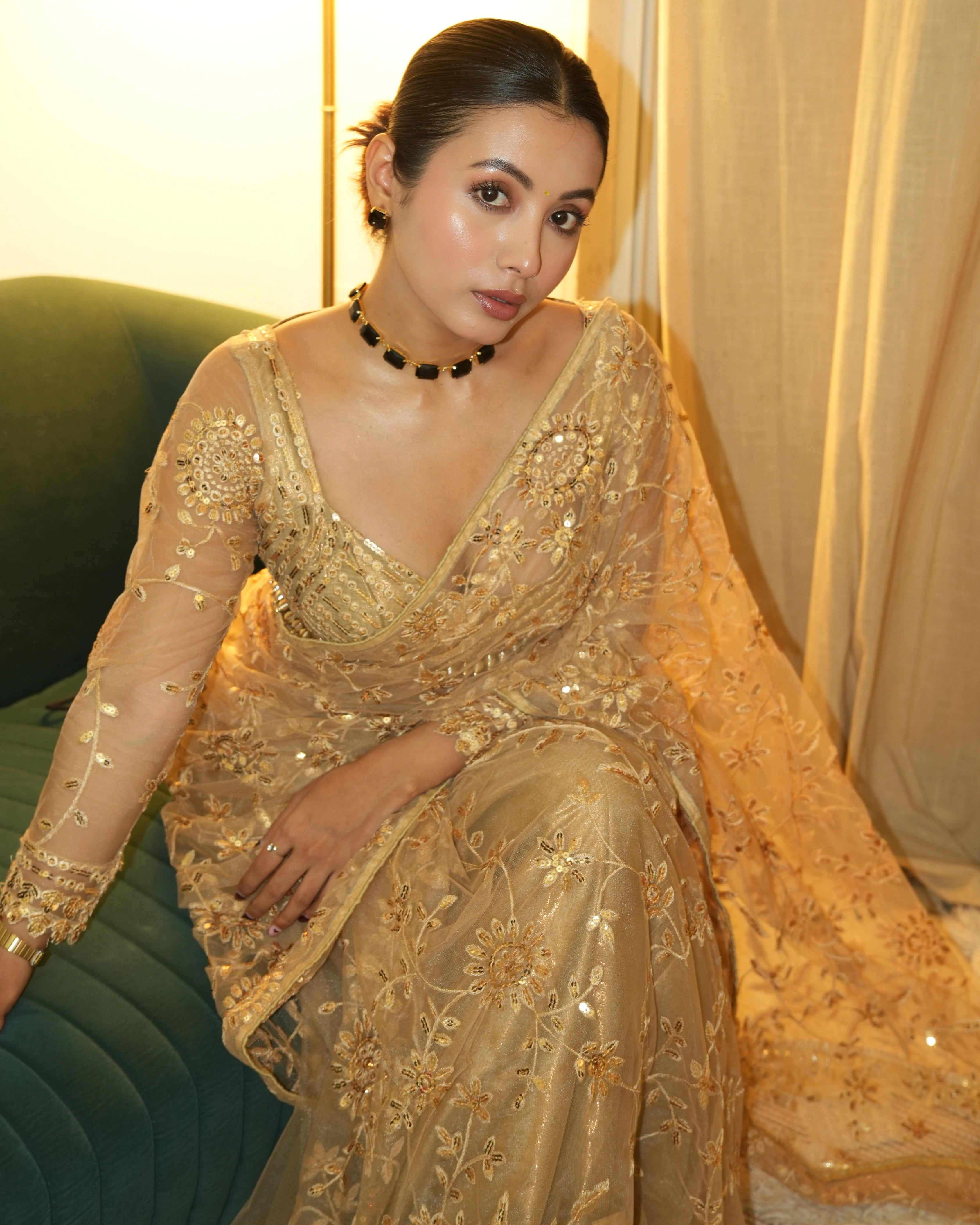 Gold Shimmer Sequin Net Saree with All Over Floral Thread Work and Full Sleeves Silk Blouse