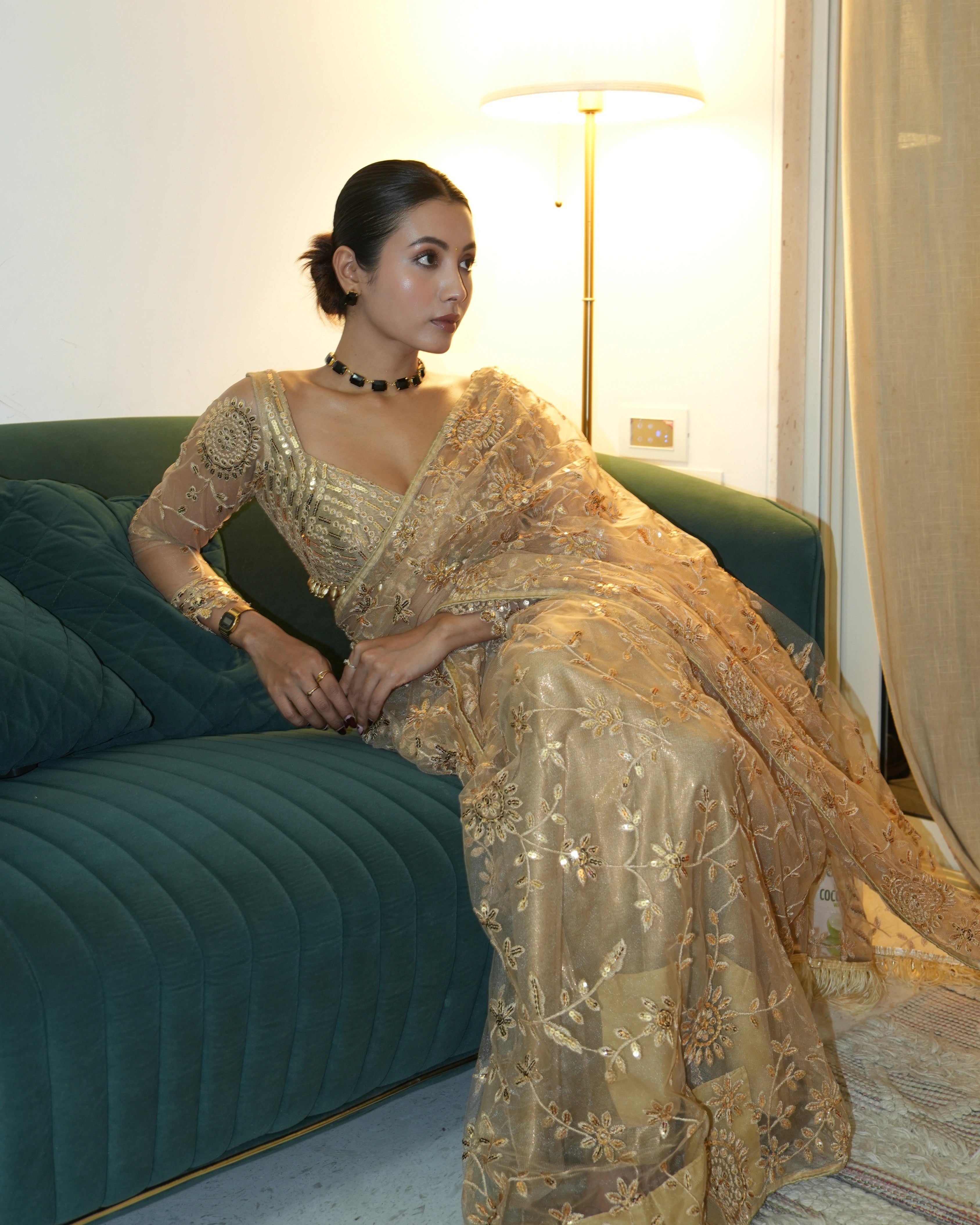 Gold Shimmer Sequin Net Saree with All Over Floral Thread Work and Full Sleeves Silk Blouse