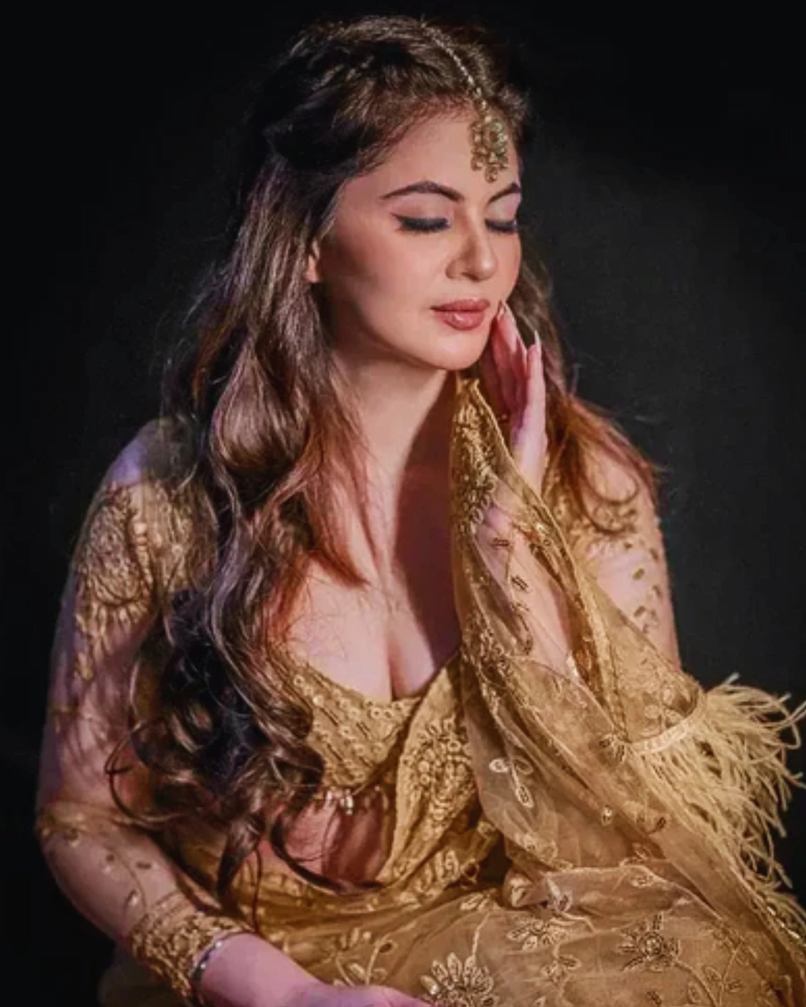 Gold Shimmer Sequin Net Saree with All Over Floral Thread Work and Full Sleeves Silk Blouse