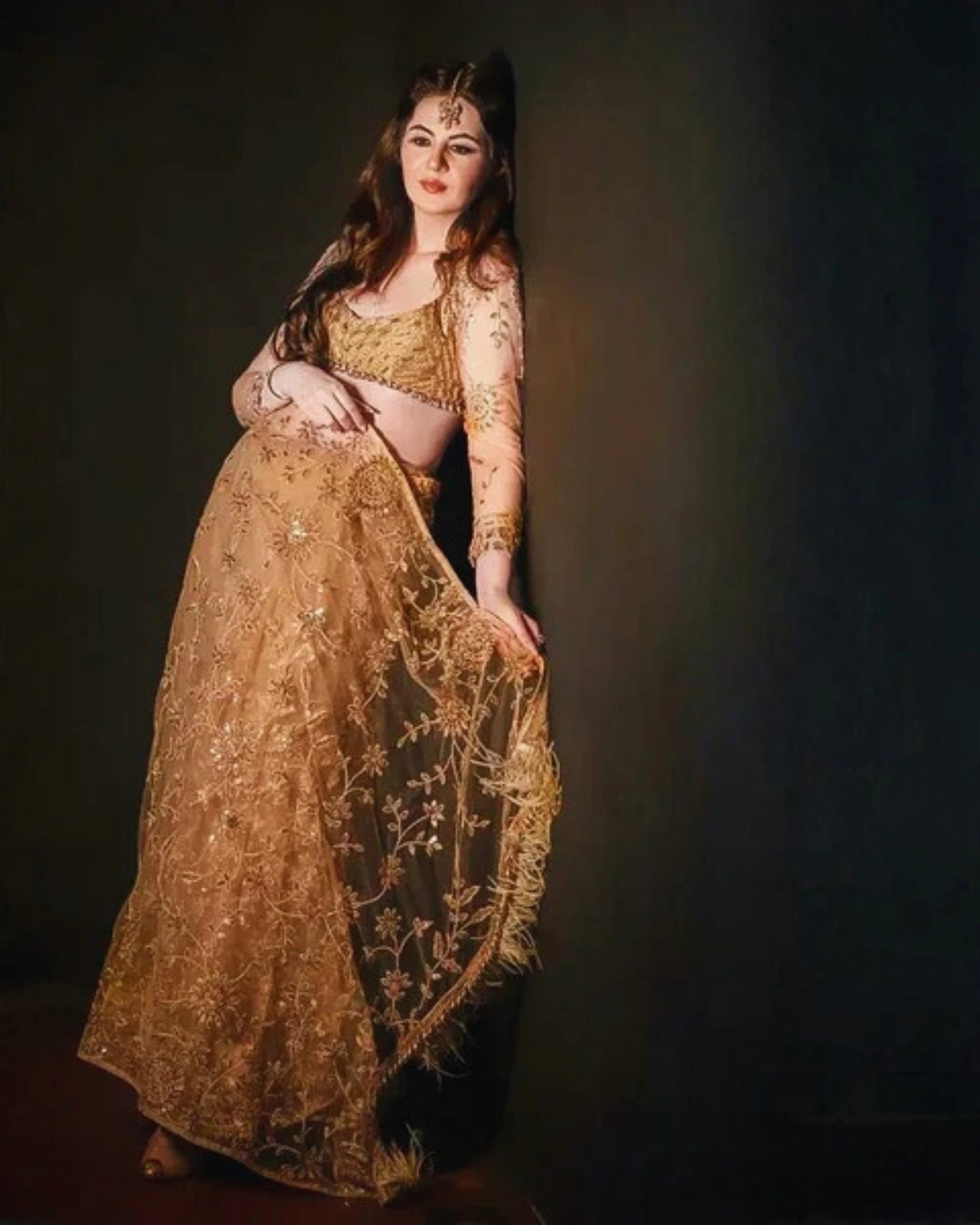 Gold Shimmer Sequin Net Saree with All Over Floral Thread Work and Full Sleeves Silk Blouse