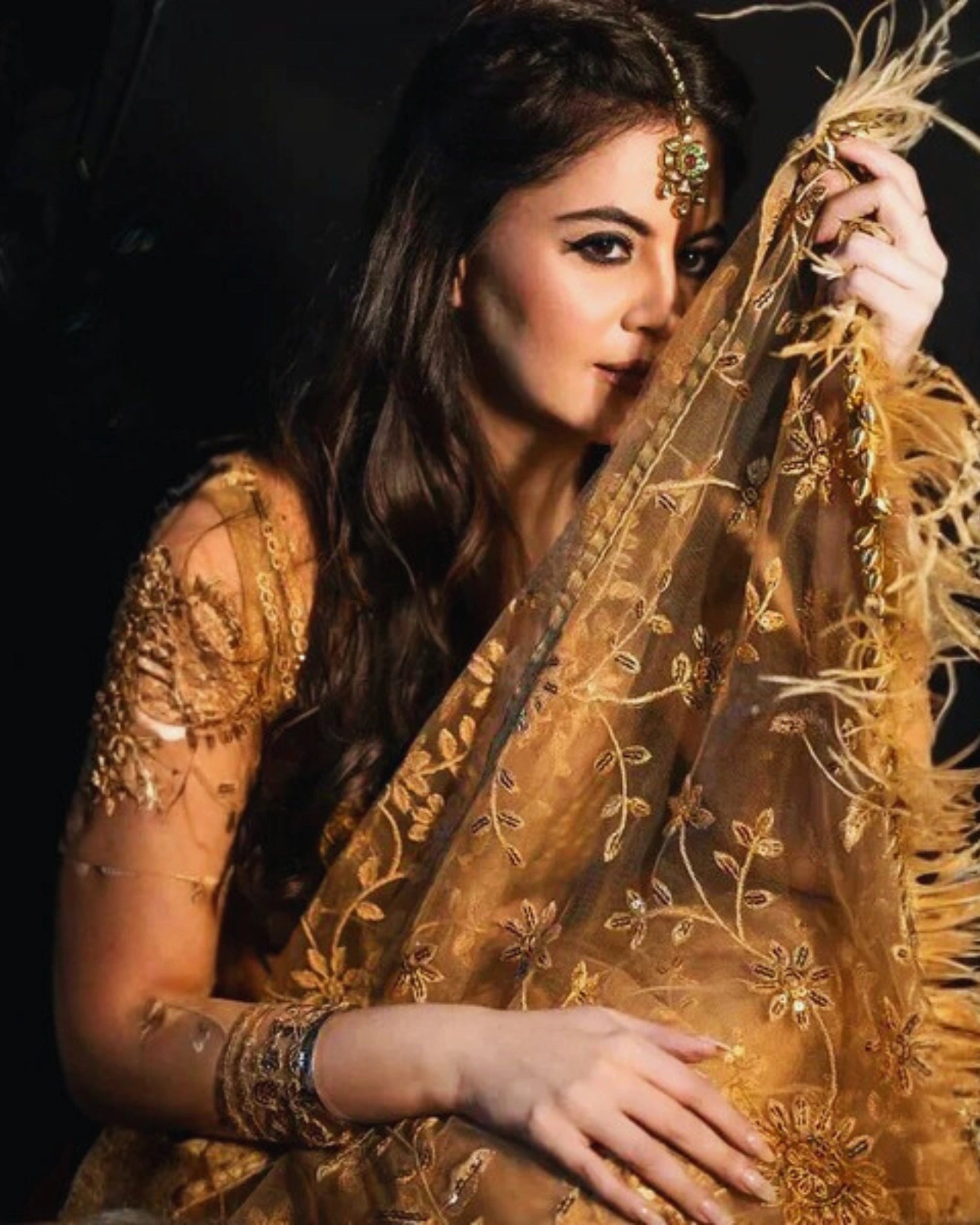 Gold Shimmer Sequin Net Saree with All Over Floral Thread Work and Full Sleeves Silk Blouse