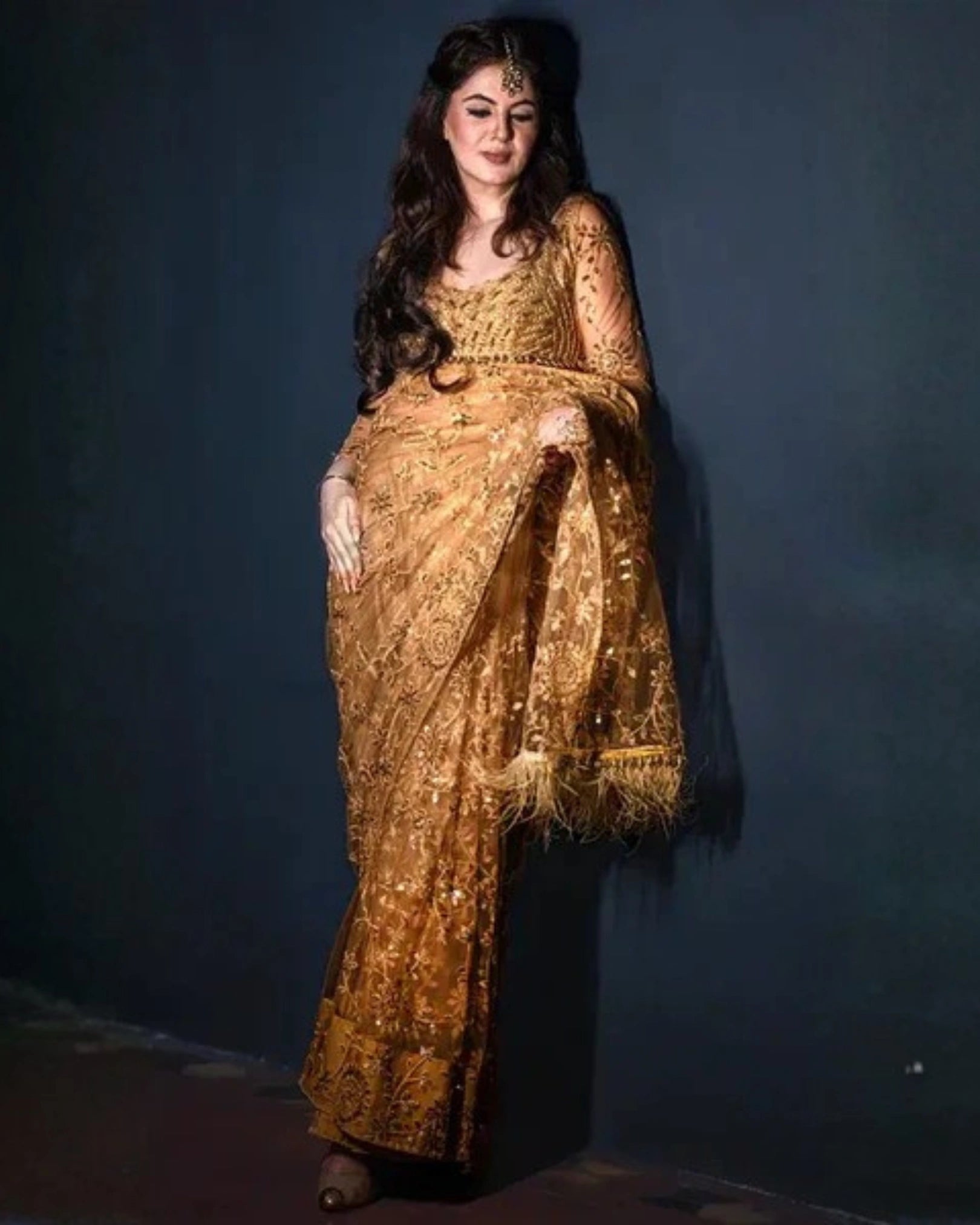 Gold Shimmer Sequin Net Saree with All Over Floral Thread Work and Full Sleeves Silk Blouse