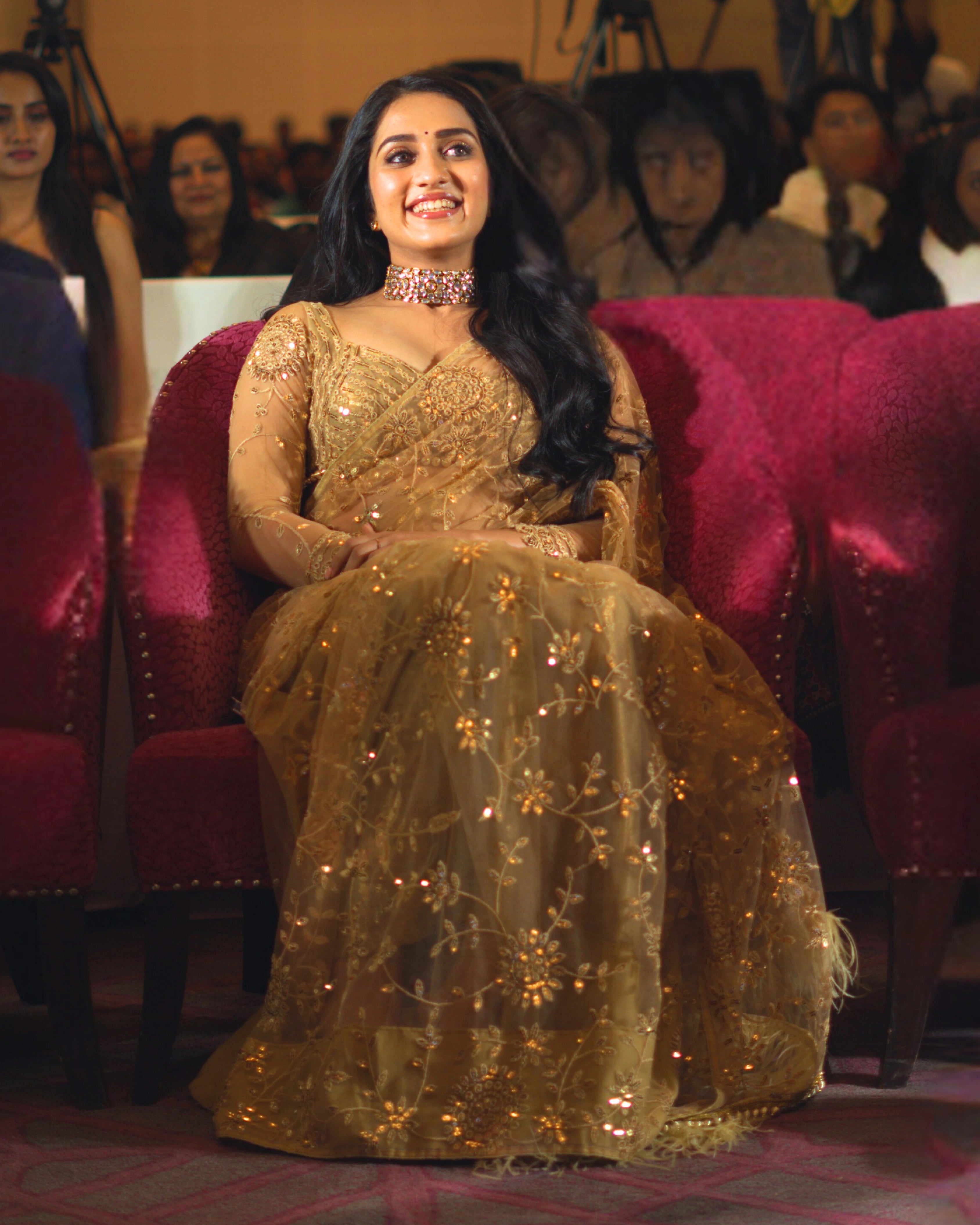 Gold Shimmer Sequin Net Saree with All Over Floral Thread Work and Full Sleeves Silk Blouse