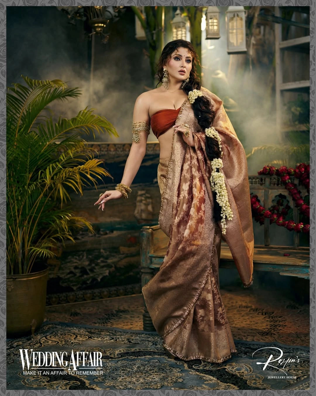 Orange Banarasi Silk Saree with Pure Gold Zari Floral Weaving and Matching Checked Blouse