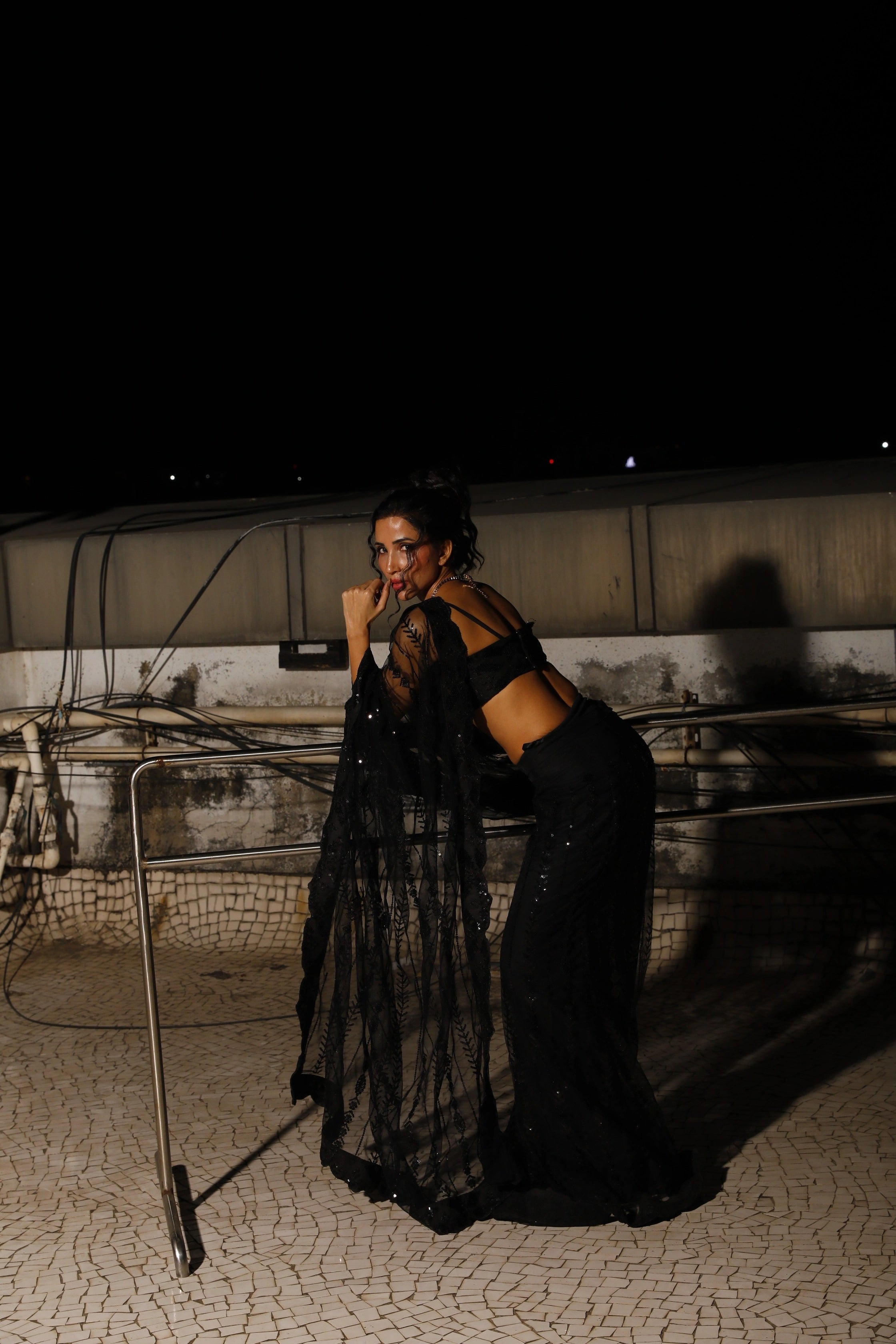 Black Net Sequin with Embroidery Work Saree and Matching Black Sequin Blouse