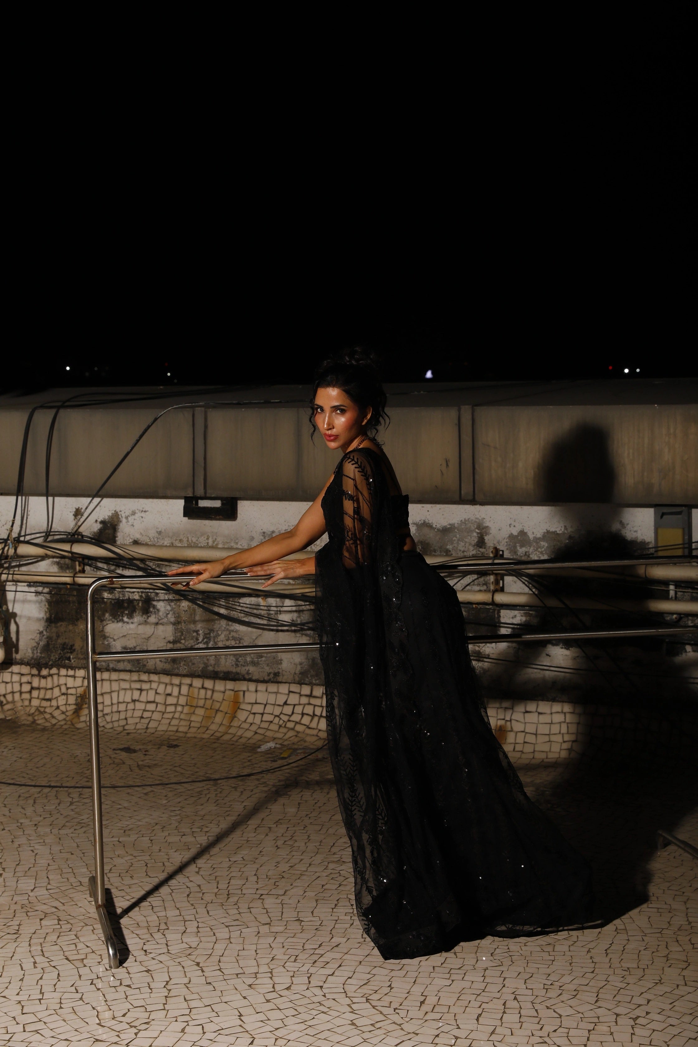 Black Net Sequin with Embroidery Work Saree and Matching Black Sequin Blouse