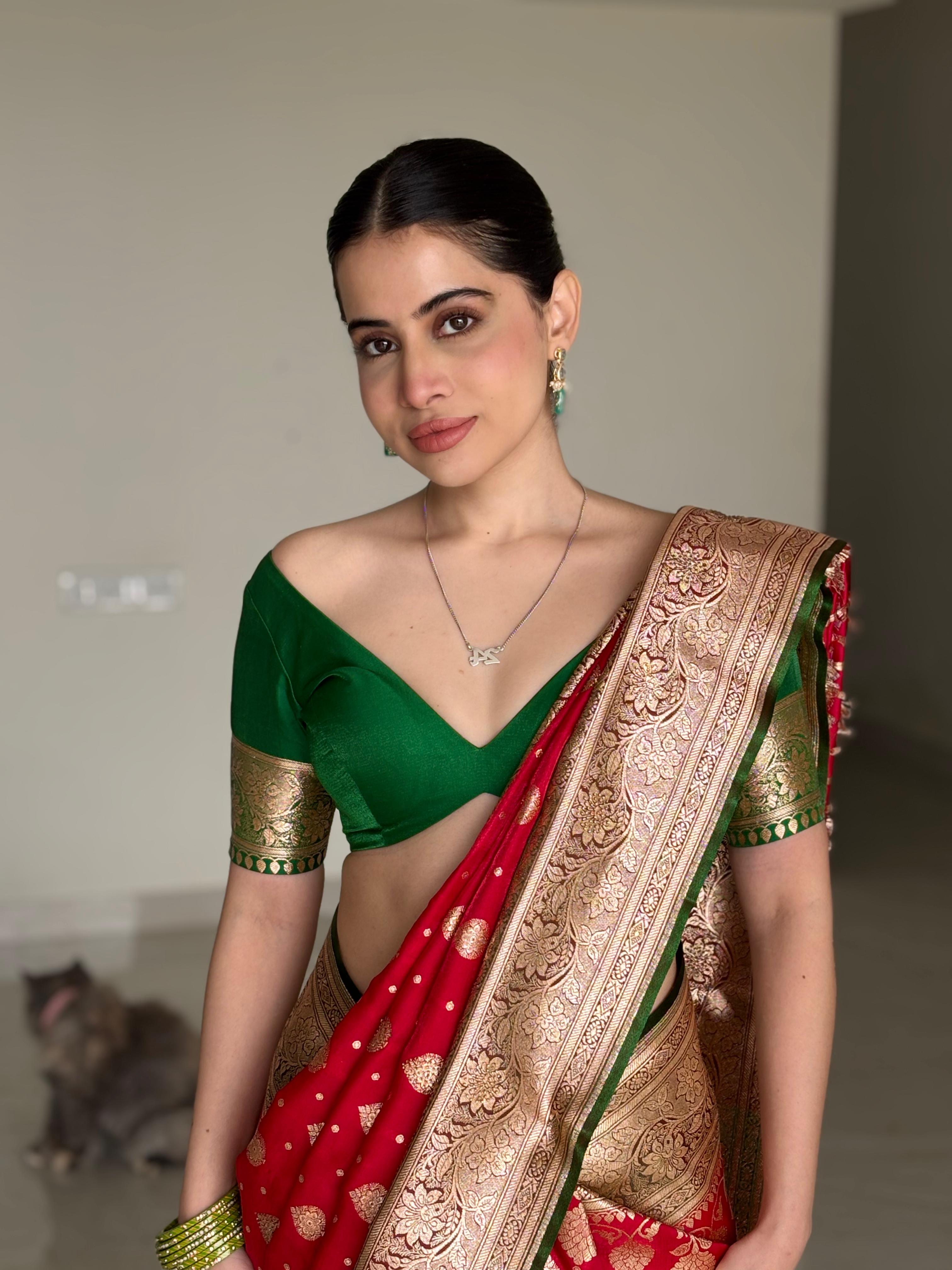 Iconic Red and Green Sindoori Saga Banarasi Silk Saree with Gold Zari Weave and Swarovski Stones all over By Label Nonita