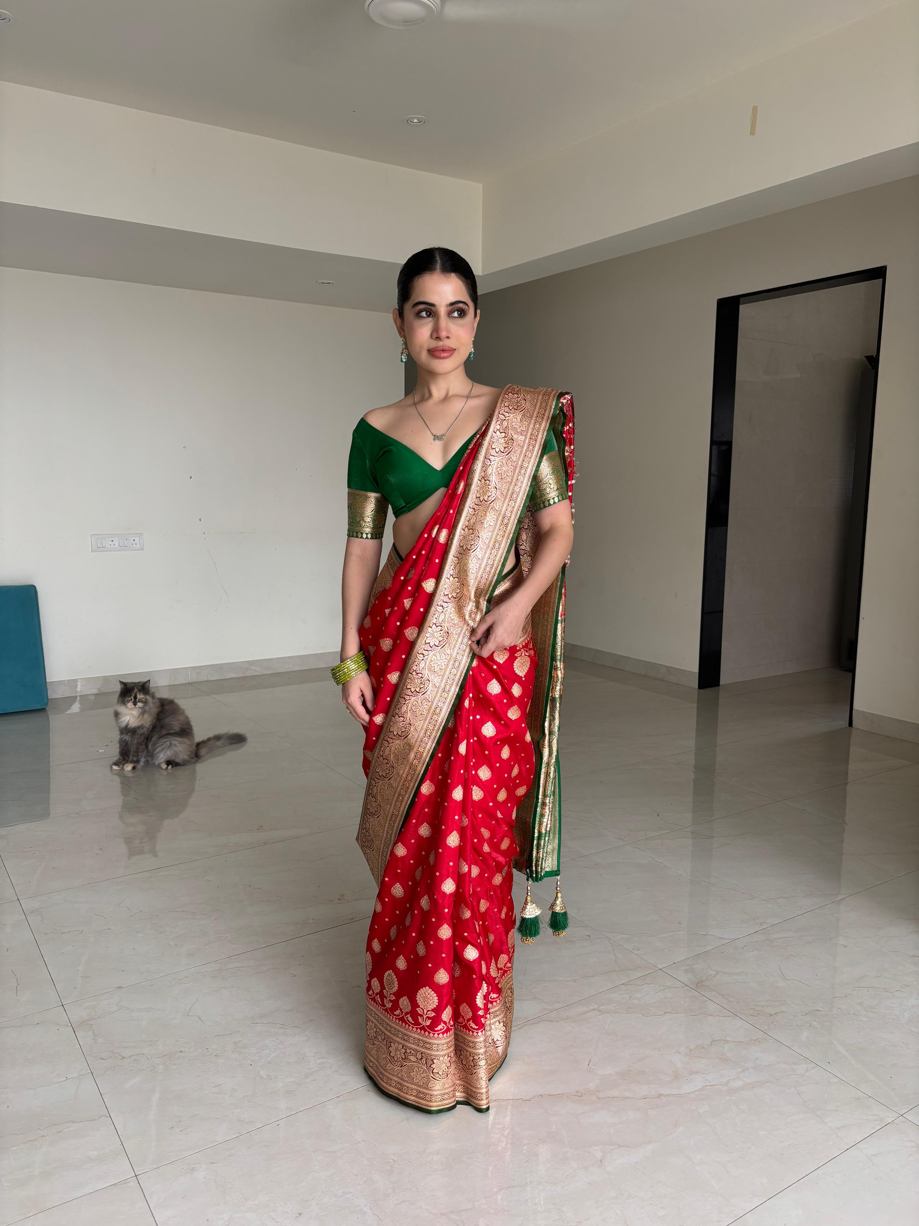 Iconic Red and Green Sindoori Saga Banarasi Silk Saree with Gold Zari Weave and Swarovski Stones all over By Label Nonita