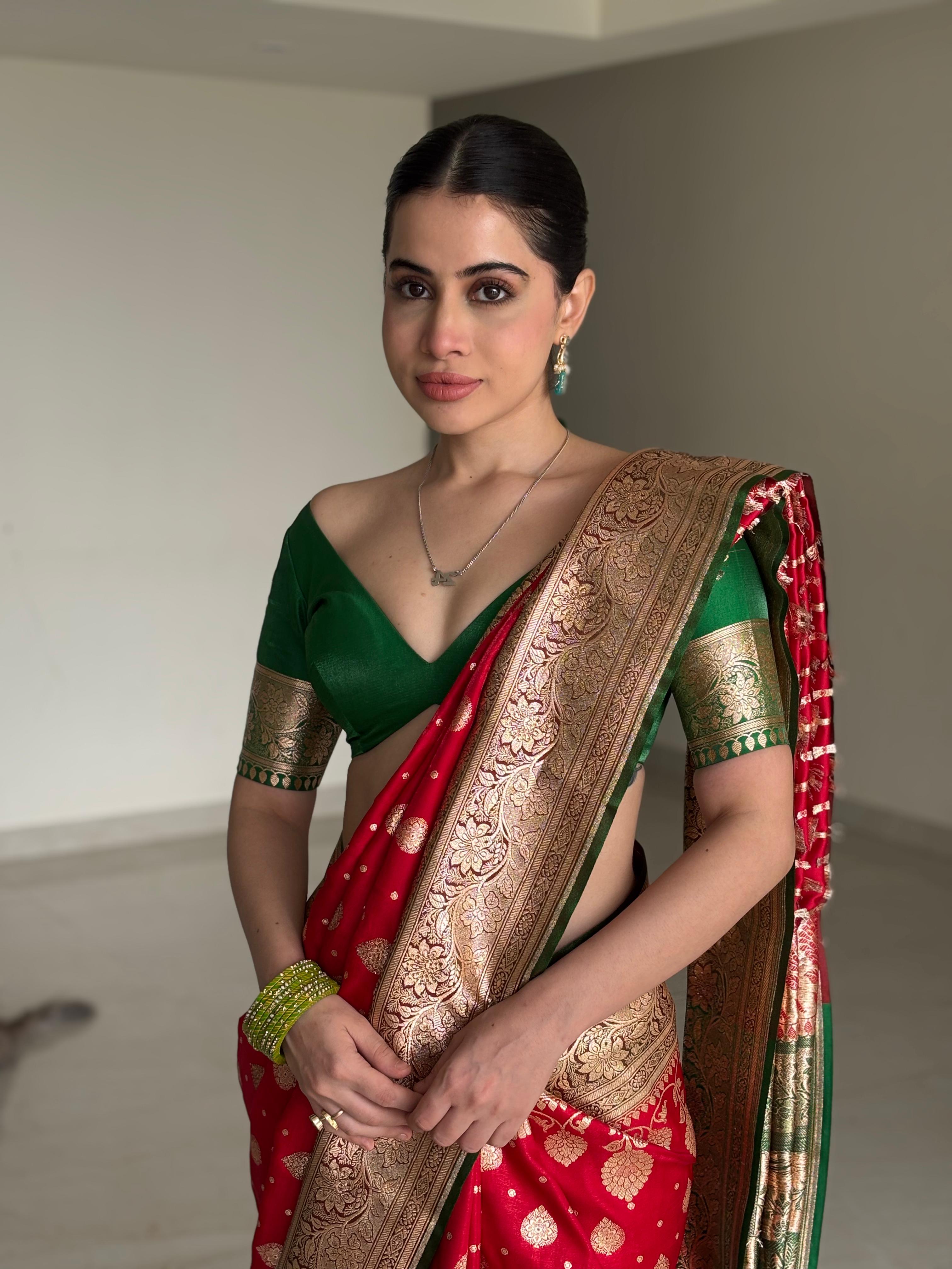 Iconic Red and Green Sindoori Saga Banarasi Silk Saree with Gold Zari Weave and Swarovski Stones all over By Label Nonita