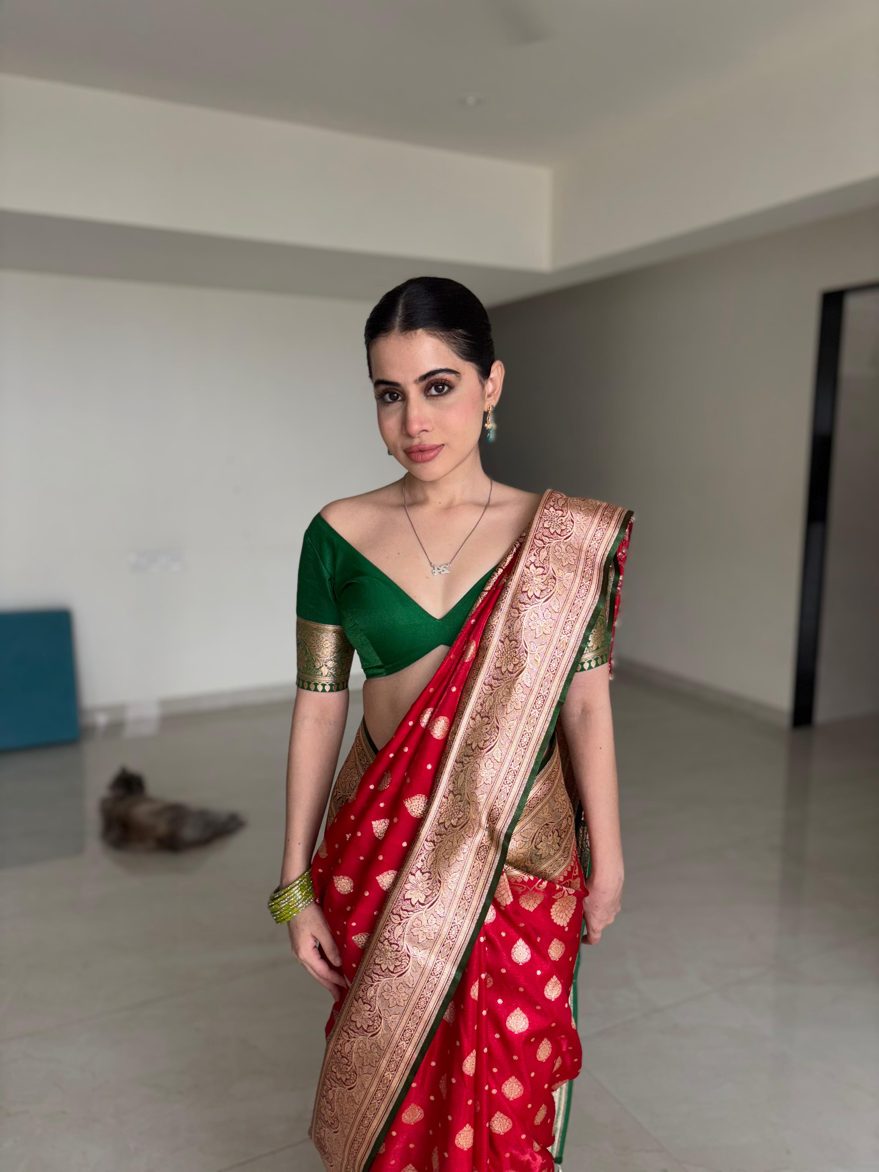 Iconic Red and Green Sindoori Saga Banarasi Silk Saree with Gold Zari Weave and Swarovski Stones all over By Label Nonita