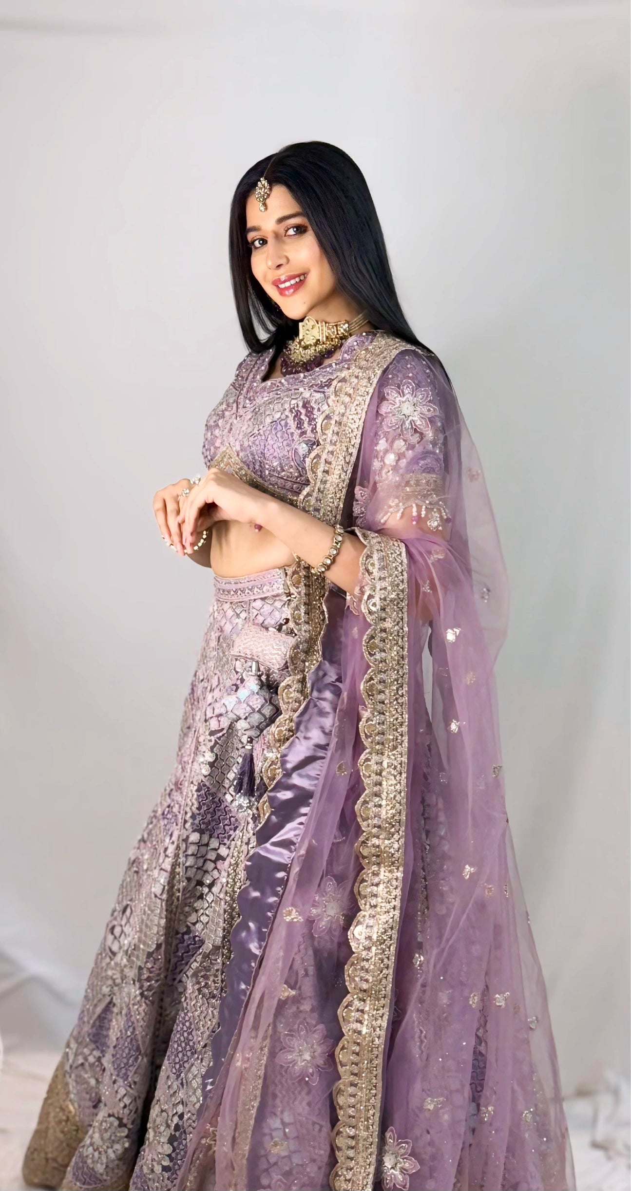 Lavender Silk Lehenga with Floral Embroidery Mirror Stonework and Gold Zari Border Work
