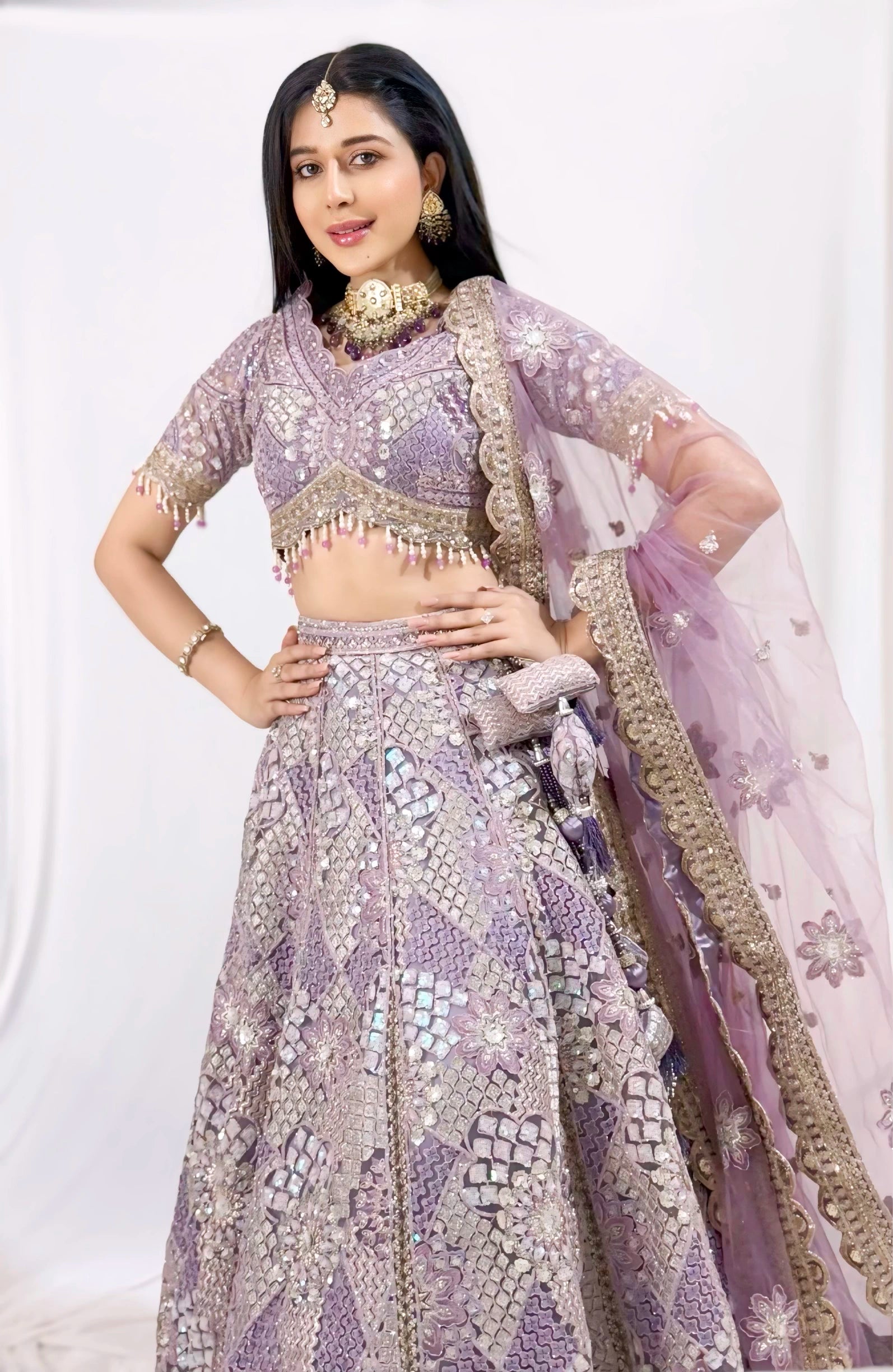 Lavender Silk Lehenga with Floral Embroidery Mirror Stonework and Gold Zari Border Work