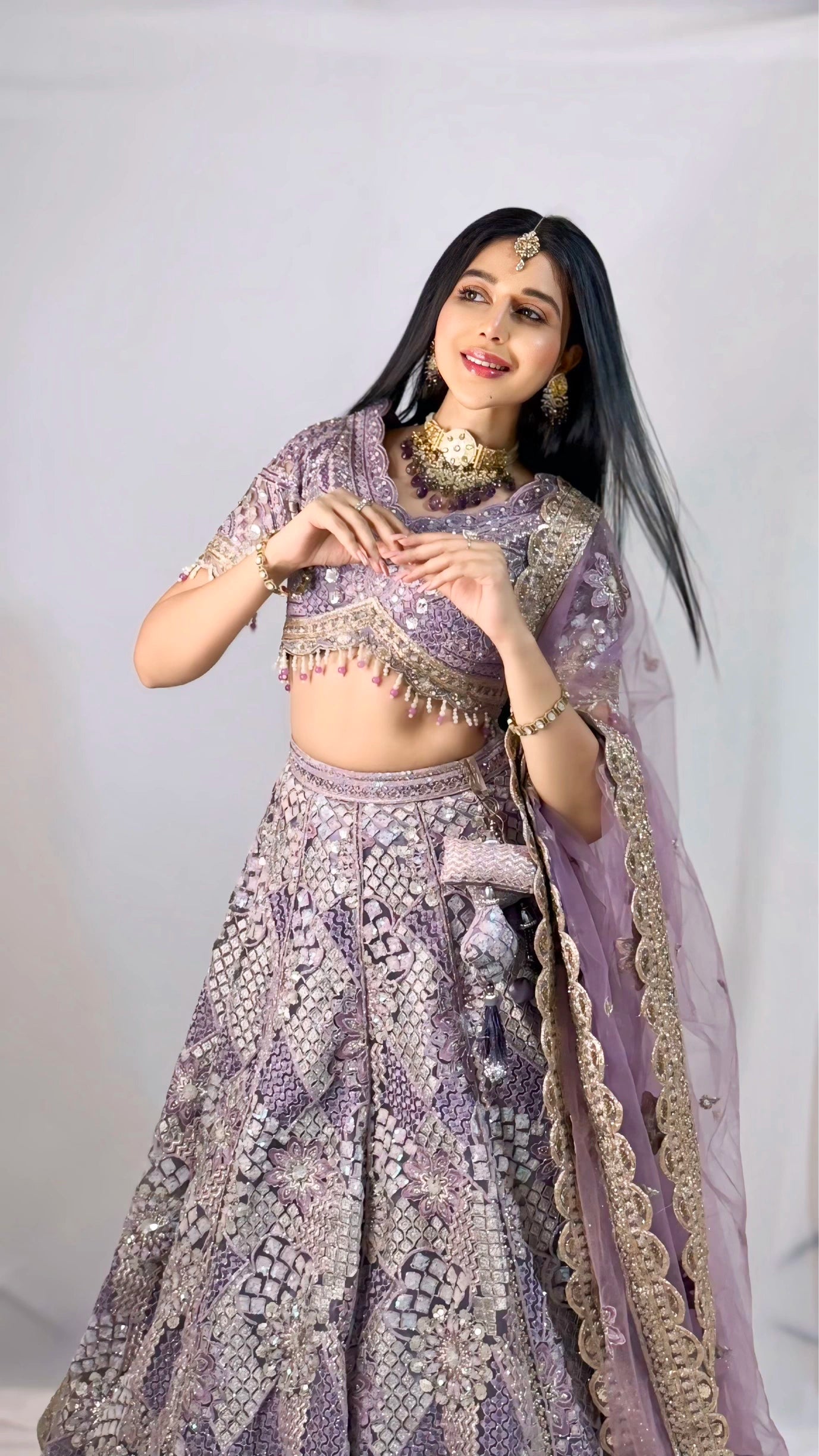 Lavender Silk Lehenga with Floral Embroidery Mirror Stonework and Gold Zari Border Work