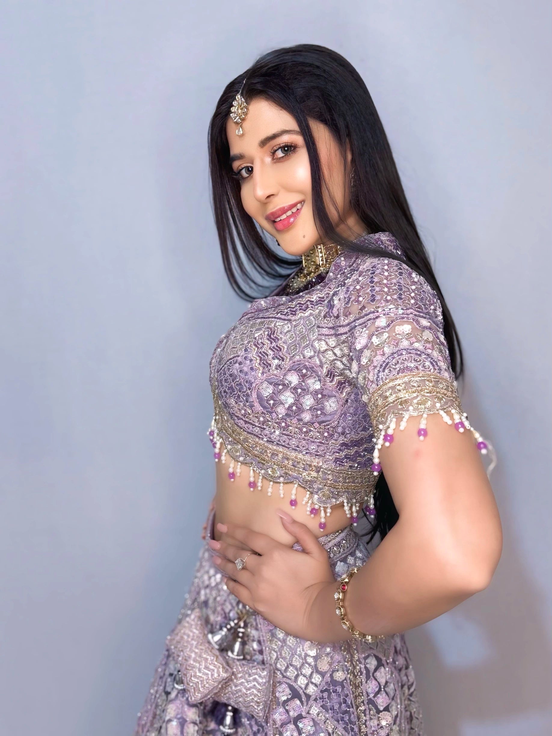 Lavender Silk Lehenga with Floral Embroidery Mirror Stonework and Gold Zari Border Work