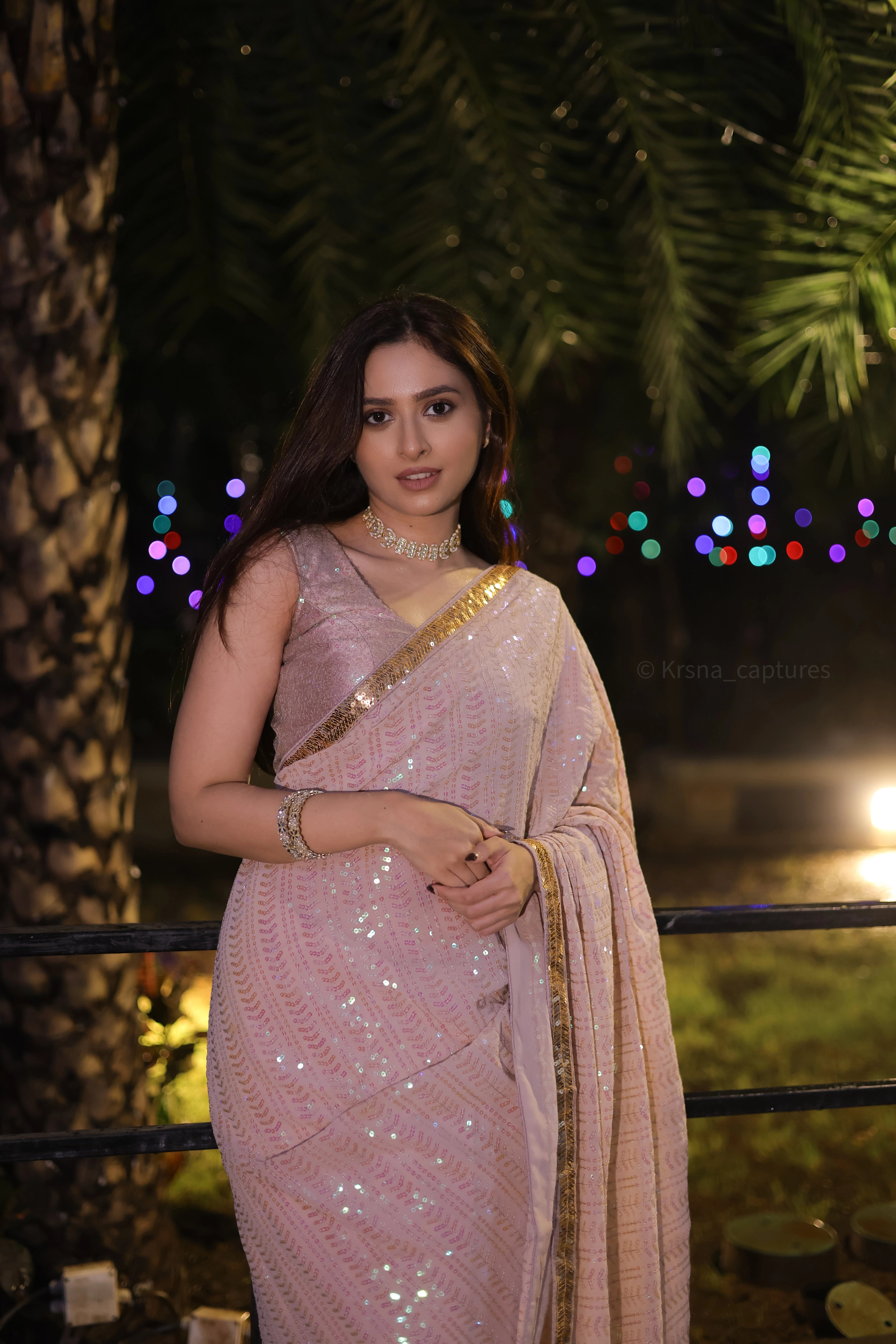 Beige Georgette Saree with All-Over Rainbow Sequin Work and Matching Organza Silk Blouse