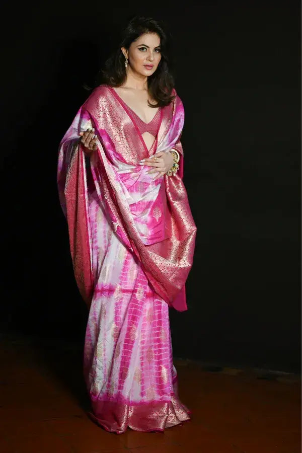 Pink and White Dupion Silk Tie Dye Pure Banarasi Silk Saree with Pink and Gold Zari Work Blouse