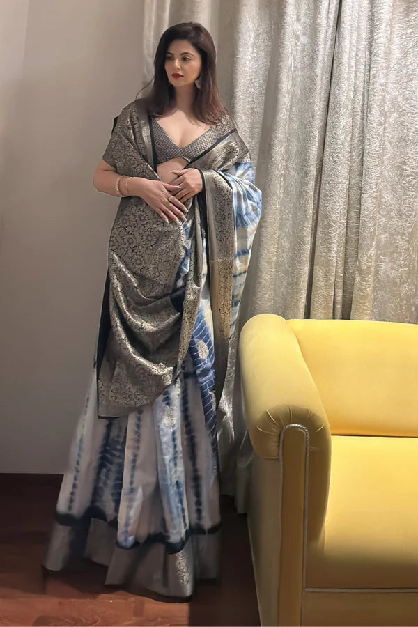 Blue and White Dupion Silk Tie Dye Pure Banarasi Silk Saree with Pink and Gold Zari Work Blouse