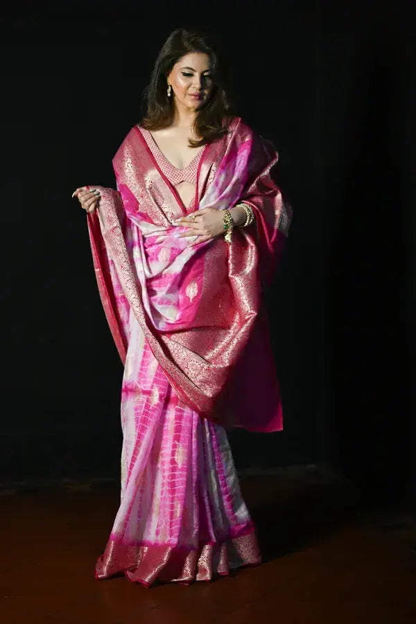 Pink and White Dupion Silk Tie Dye Pure Banarasi Silk Saree with Pink and Gold Zari Work Blouse