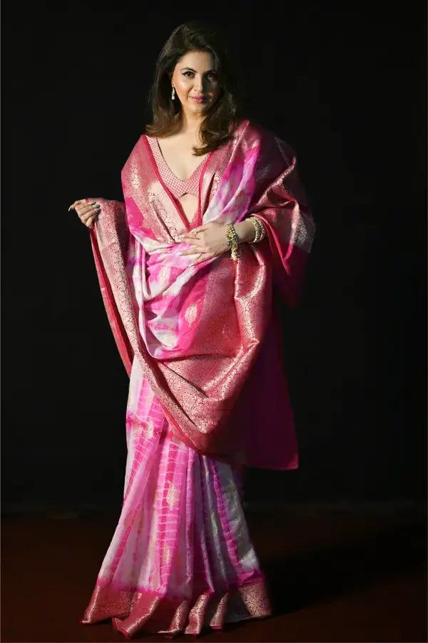 Pink and White Dupion Silk Tie Dye Pure Banarasi Silk Saree with Pink and Gold Zari Work Blouse