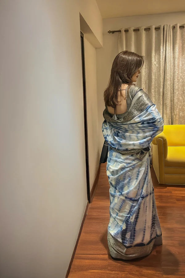 Blue and White Dupion Silk Tie Dye Pure Banarasi Silk Saree with Pink and Gold Zari Work Blouse
