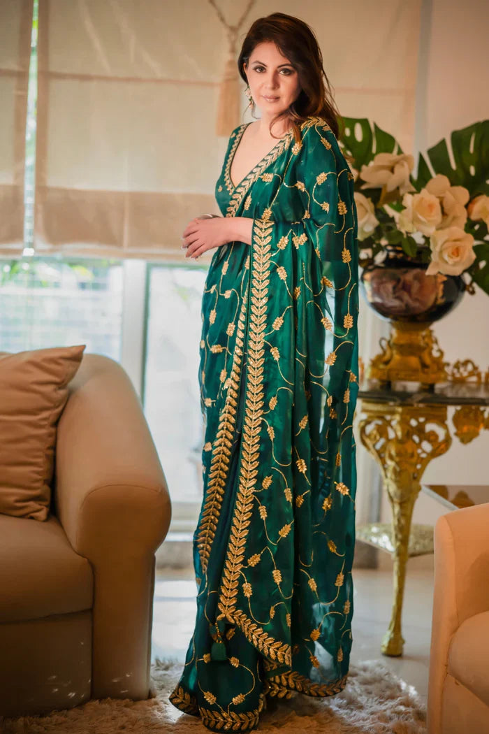 Emerald Green and Gold Leaf Silk Saree with Sequin Thread Embroidery and Matching Embroidered Blouse