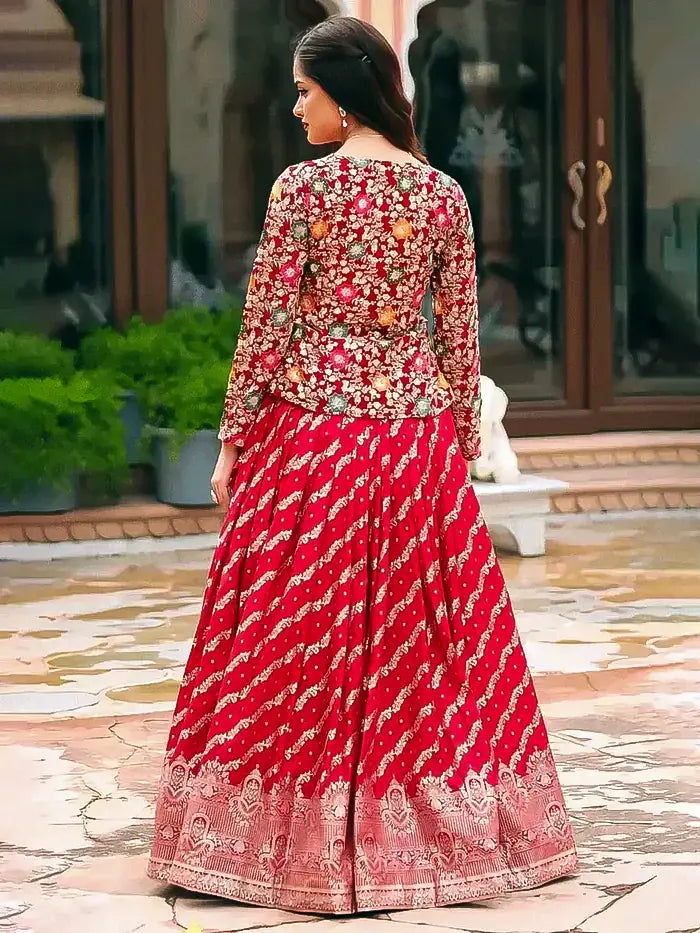 Red Georgette Lehenga with Heavy Thread Embroidery and Floral Design