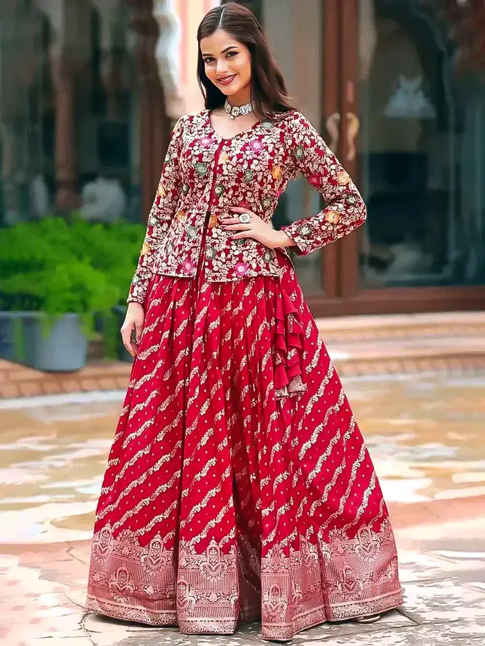 Red Georgette Lehenga with Heavy Thread Embroidery and Floral Design