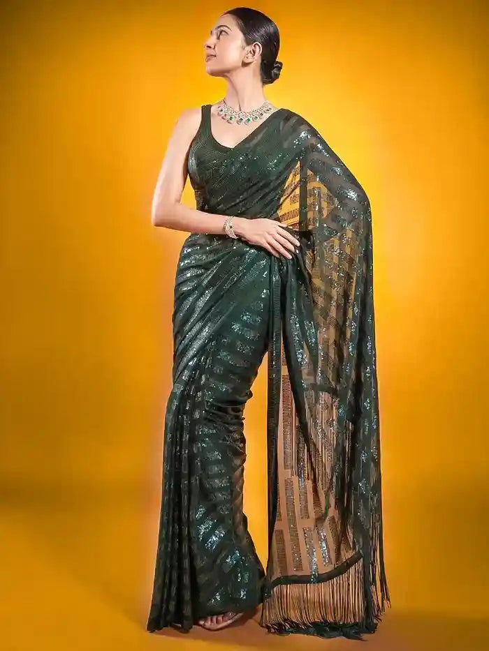 Green Georgette Sequin Stripes Saree with Fringe Pallu and Matching Sequin Blouse
