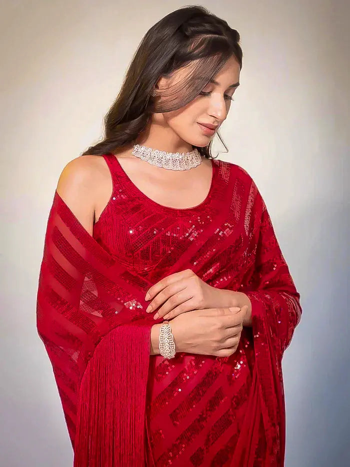 Red Georgette Sequin Stripes Saree with Fringe Pallu and Matching Sequin Blouse