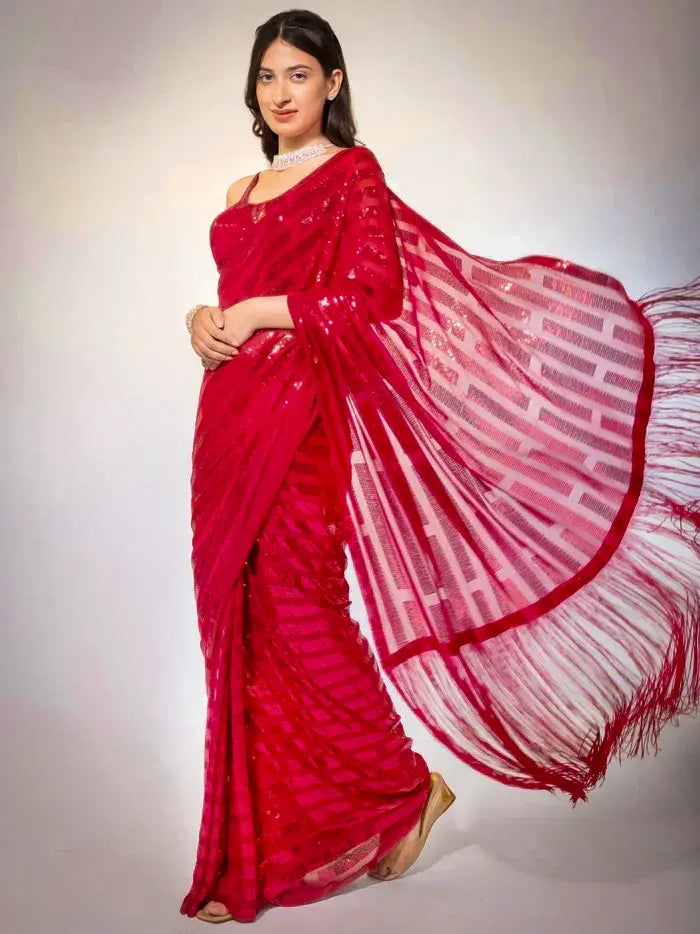 Red Georgette Sequin Stripes Saree with Fringe Pallu and Matching Sequin Blouse