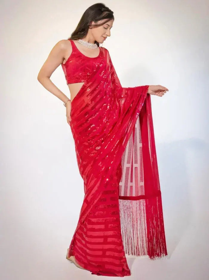 Red Georgette Sequin Stripes Saree with Fringe Pallu and Matching Sequin Blouse